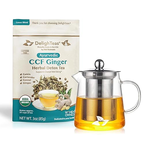 DelighTeas Té de jengibre orgánico CCF con tetera de vidrio | Comino ayurvédico, cilantro, hinojo, té de hojas sueltas de jengibre para la digestión