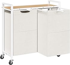 HOOBRO Laundry Basket with 2 Compartments, Laundry Basket with Storage Shelf, Trolley with Wheels, 2 x 49.5 L, Removable Oxford Cloth Bags, White and Natural EWN72XY01