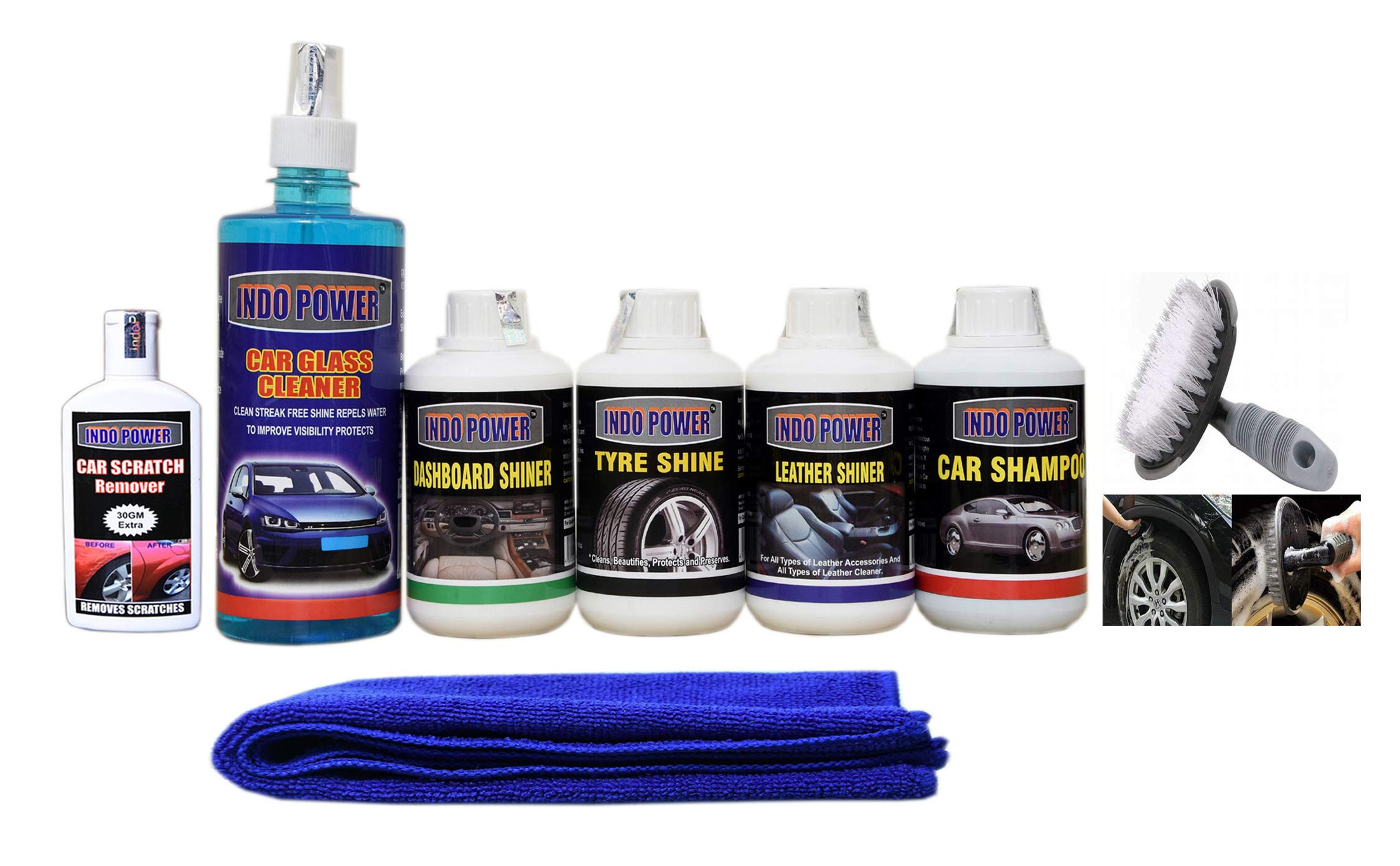 HDAAA958- CAR Glass Cleaner 500ml+ Dashboard Shiner 250ml+ TYRE Shiner 250ml+ + Leather Shiner 250ml+CAR Shampoo 250ml+ Scratch Remover 100gm. car Microfiber Cloth+All Tyre Cleaning Brush-image-4