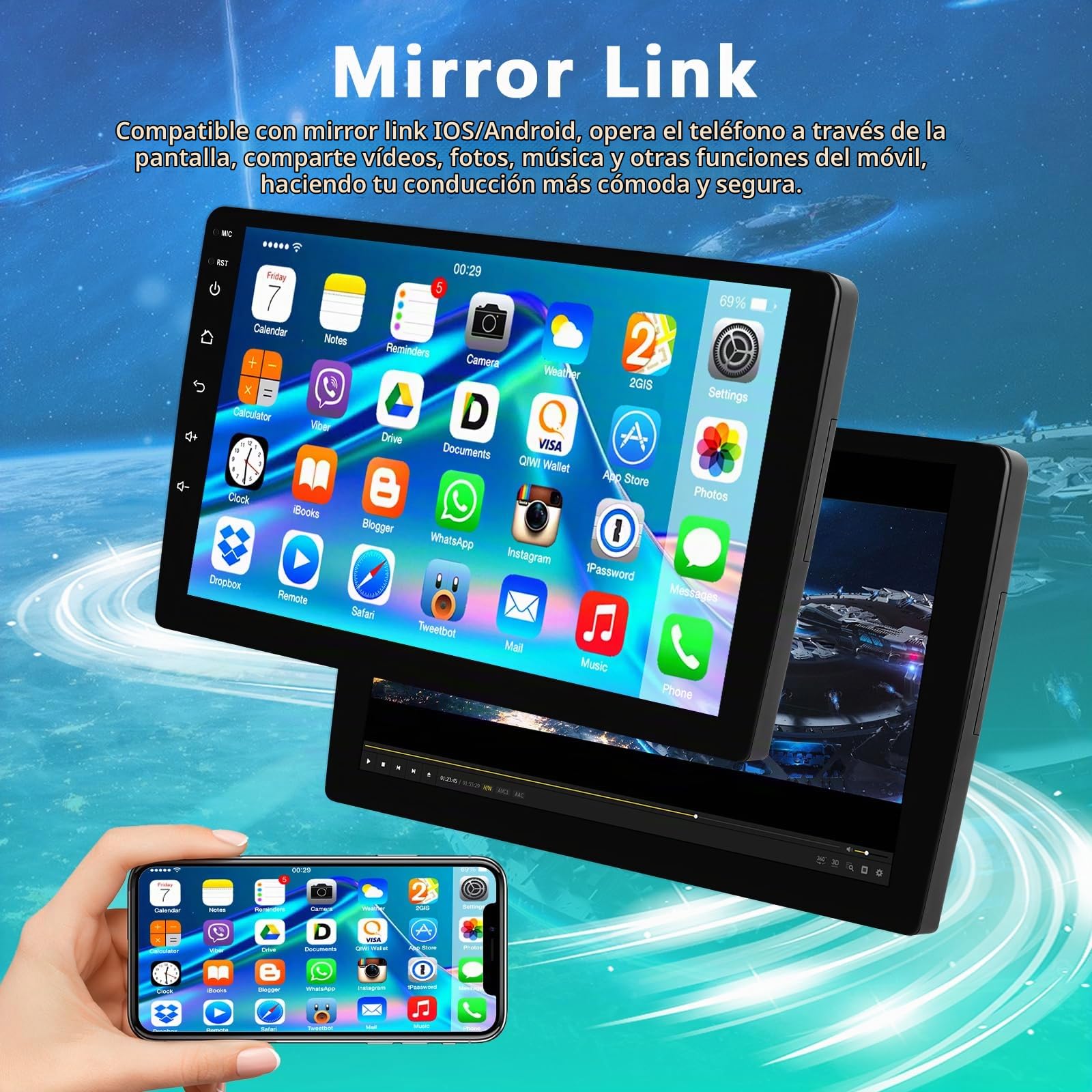 8 Núcleo 1.8GHz 4+64G Qualcomm Chipset 2 DIN Autoradio, 9" Android Radio Kabelloses Carplay/Android Auto Pantalla táctil con GPS/Bluetooth/SWC/FM/RDS/WiFi/USB Radio Receptor+Cámara Trasera