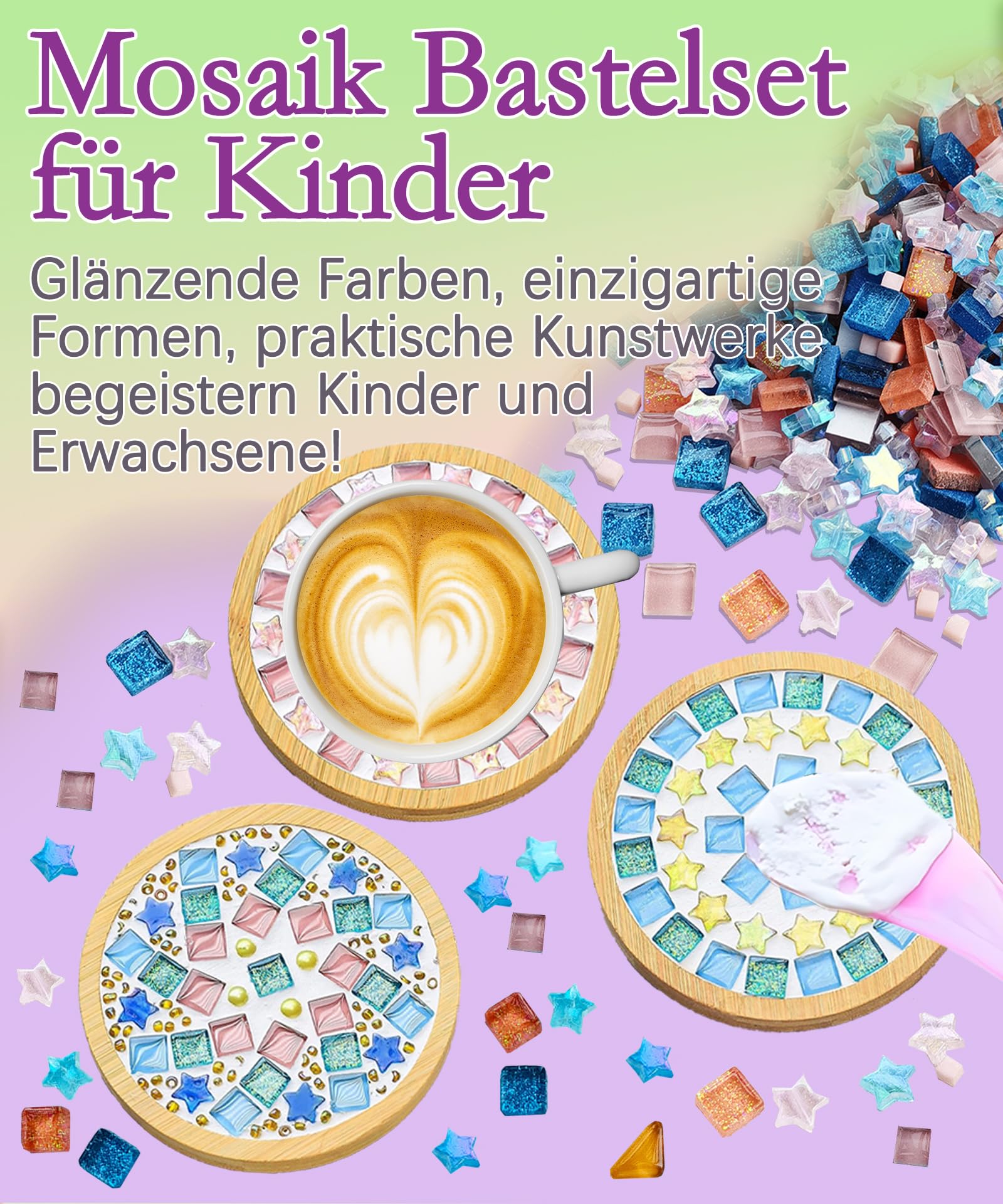 Finsink Set di 8 sottobicchieri a mosaico per bambini, set fai da te,di sottobicchieri in legno, set di pietre a mosaico per il fai da te, regalo di compleanno per bambini adulti