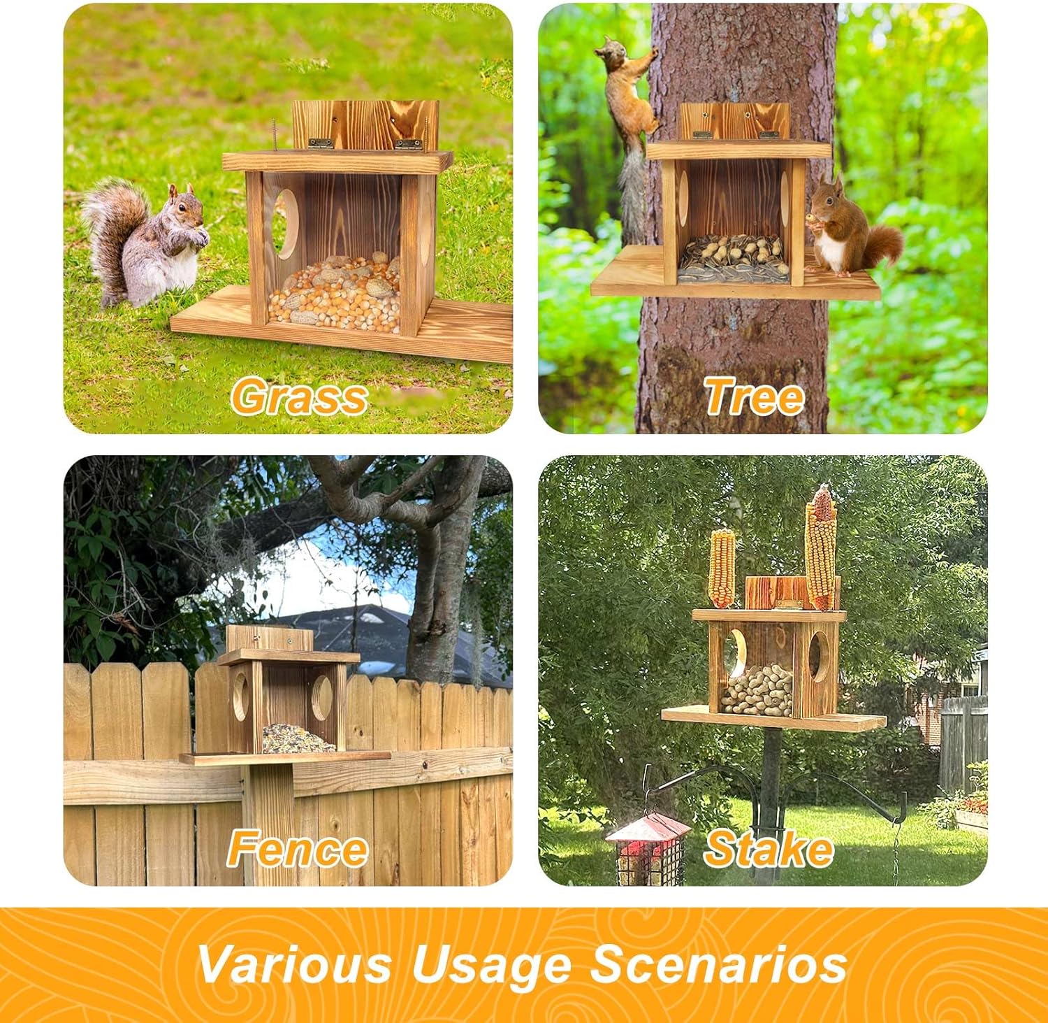 Carbonized Wooden Squirrel Feeder for Outside, Wood Squirrel Feeding Table, Sturdy Squirrel Feeding House with Thickness 1.5CM Wood, Top Lid Opens for Easy Filling of Peanuts and Corn
