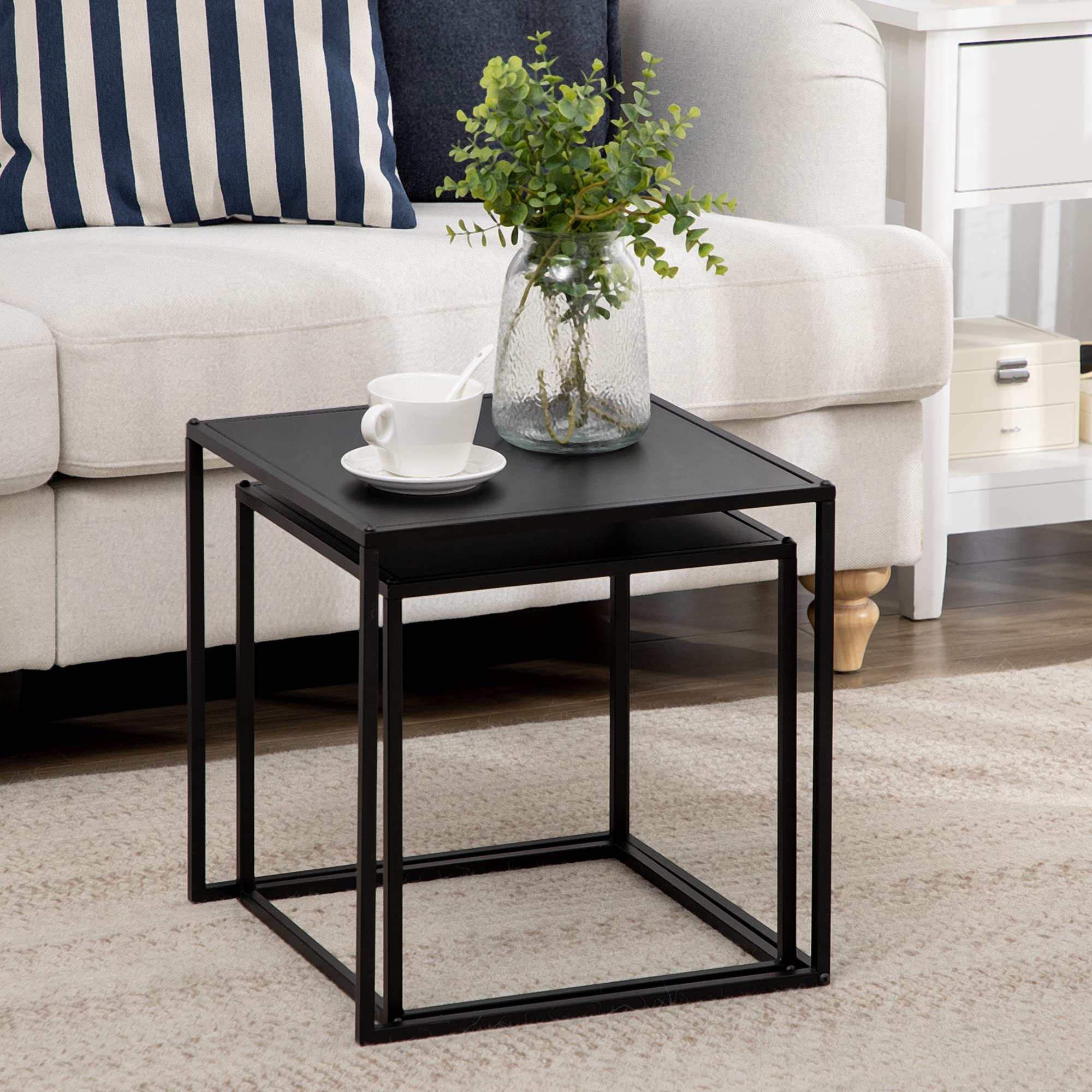 HOMCOM Couchtisch Quadratisch 2er Set, Satztisch Modern Wohnzimmertisch Stapelbar Kaffeetisch Beistelltisch für Wohnzimmer 40x40x40cm & 35x35x35cm, Schwarz