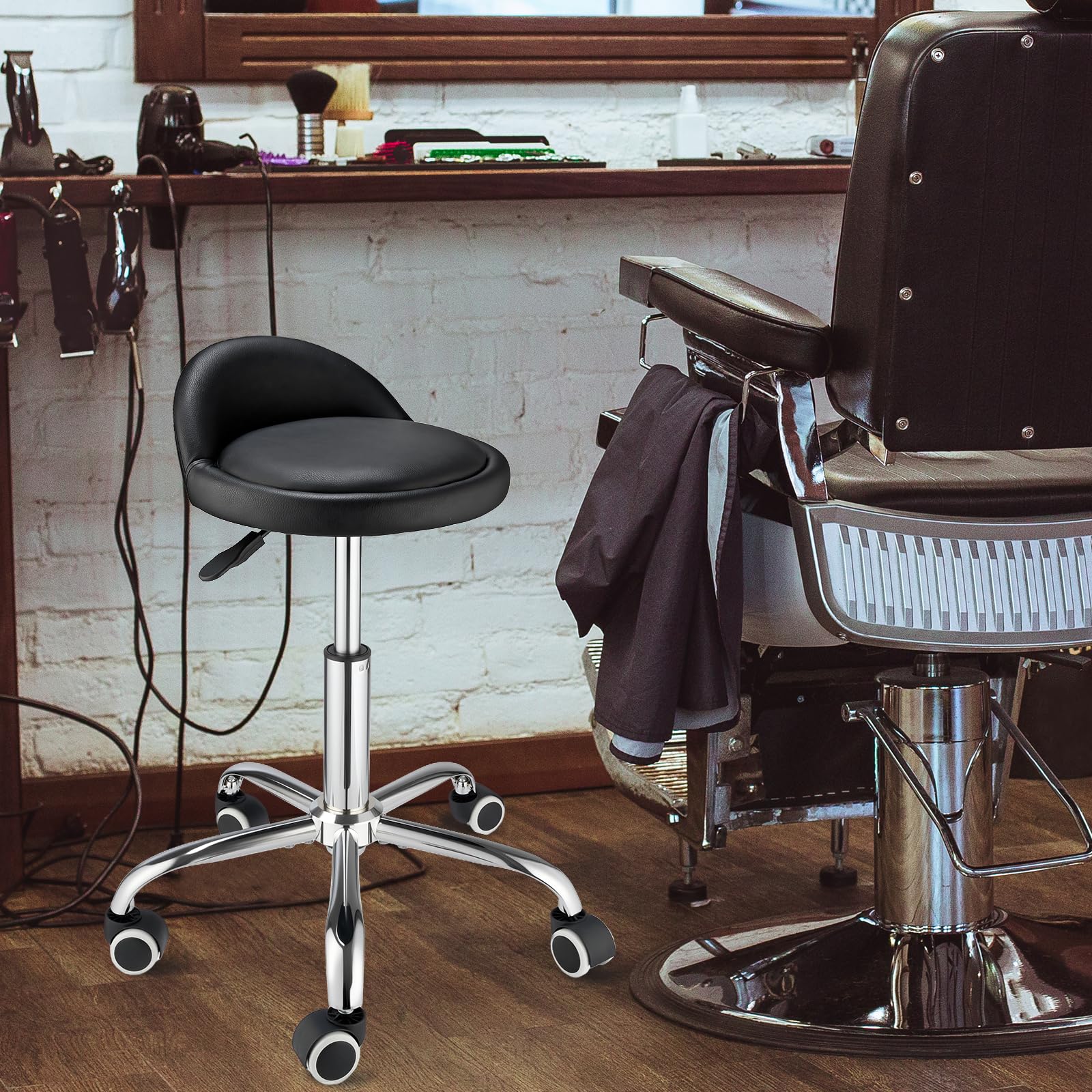 Taburete giratorio con ruedas, altura ajustable, silla de dibujo con respaldo, base estable, color negro