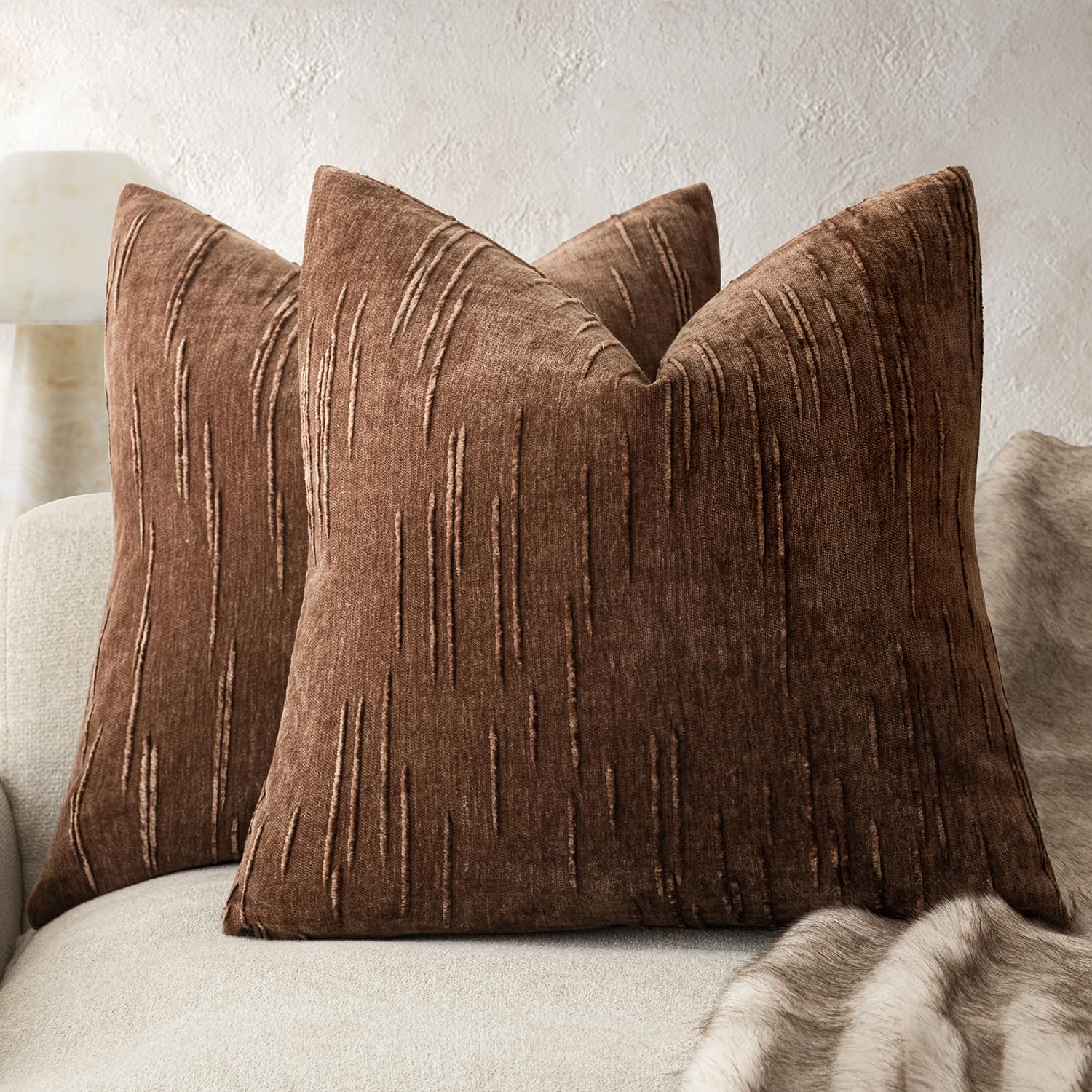 Foindtower Pack of 2 Slubby Textured Chenille Throw Decorative Pillow Covers 20x20 Inch, Red Brown