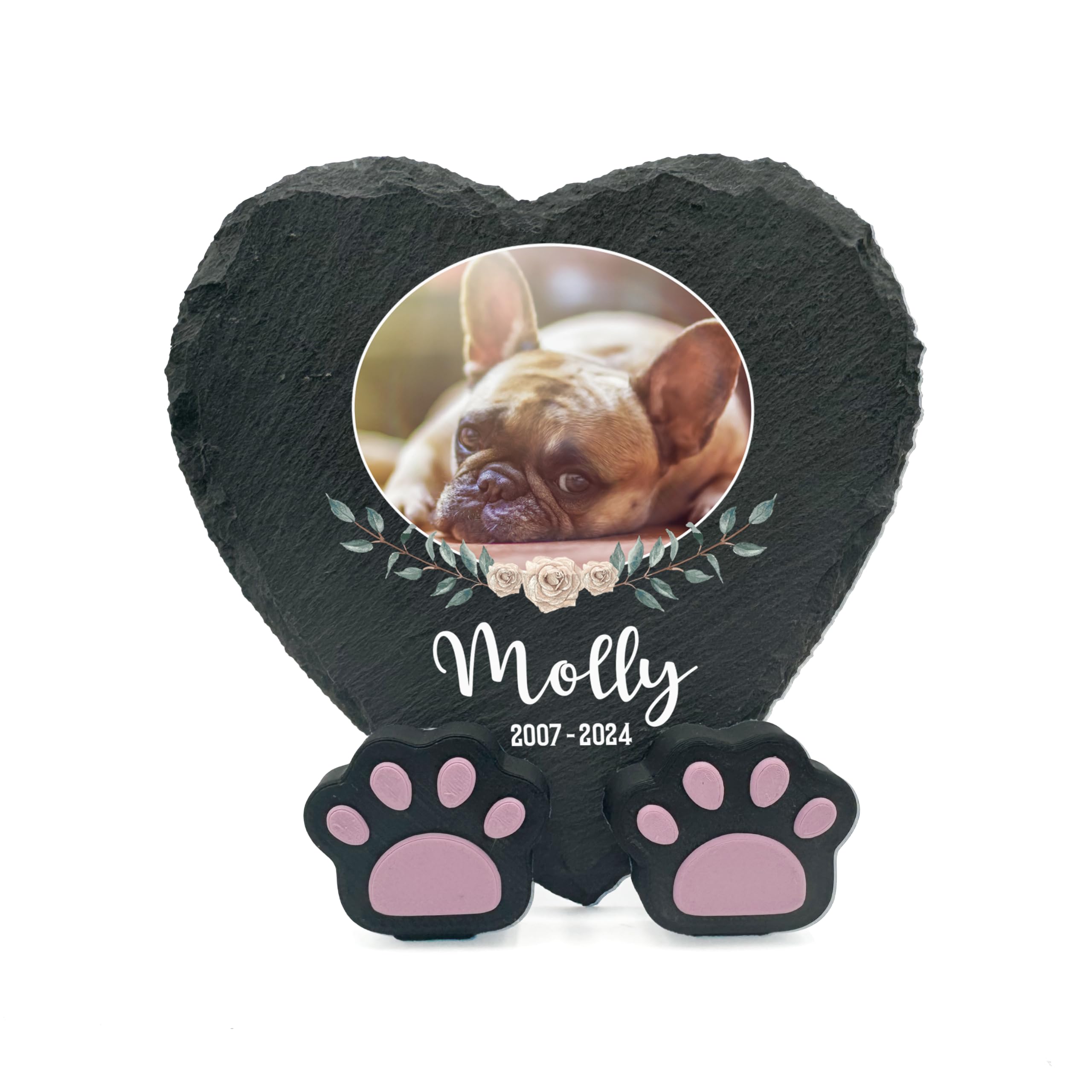TULLUN Personalised Memorial Heart Shape 4" x 4" or 10 x 10 cm Plaque + Paw Stand For Pet Cat Dog Slate Stone Frame Grave Marker - Floral Frame Photo