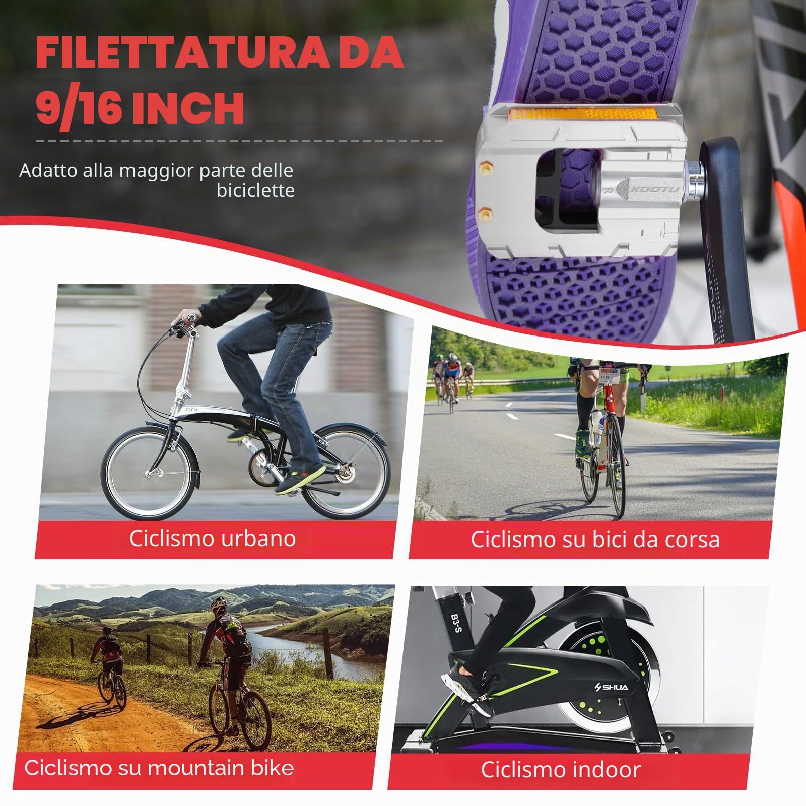 KOOTU Pedali bici con strisce riflettenti, pedale pieghevole universale 9/16 pollici Mountain Bike Pedali, antiscivolo in lega di alluminio Pedali bici per strada BMX MTB Bike
