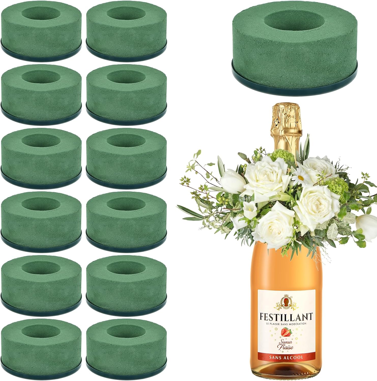 12 Pcs Mini Floral Foam Holder for Wine Bottle Topper, 3.9 Inch Flower Foam Round with Plastic Base for Wine Bottle Decor, Wedding Party Centerpiece