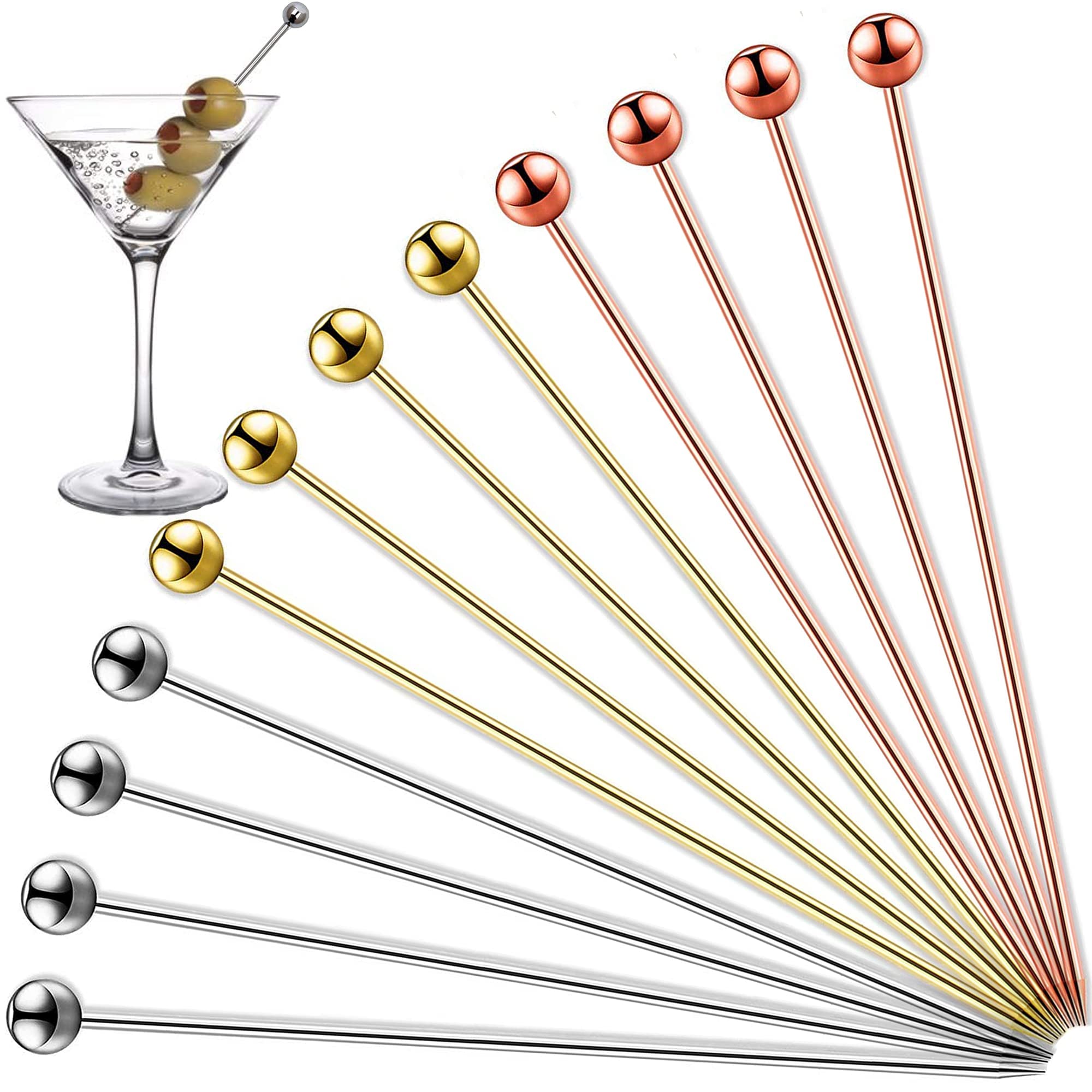 MAKINGTEC Cocktail Picks, 12 Pcs Reusable Stainless Steel Cocktail Garnish Toothpicks Set for Drinks Fancy Drinks for Party Decoration Appetizers Fruit(4.3 Inches)