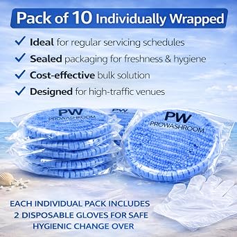 PROWASHROOM Urinal Mats Pack of 10 – Anti-Splash Urinal Screens - 30 Day Odour Control – Flexible Non-Slip – Includes 2 Disposable Gloves – Individully Wrapped 165mm Diameter (Blue Ocean)
