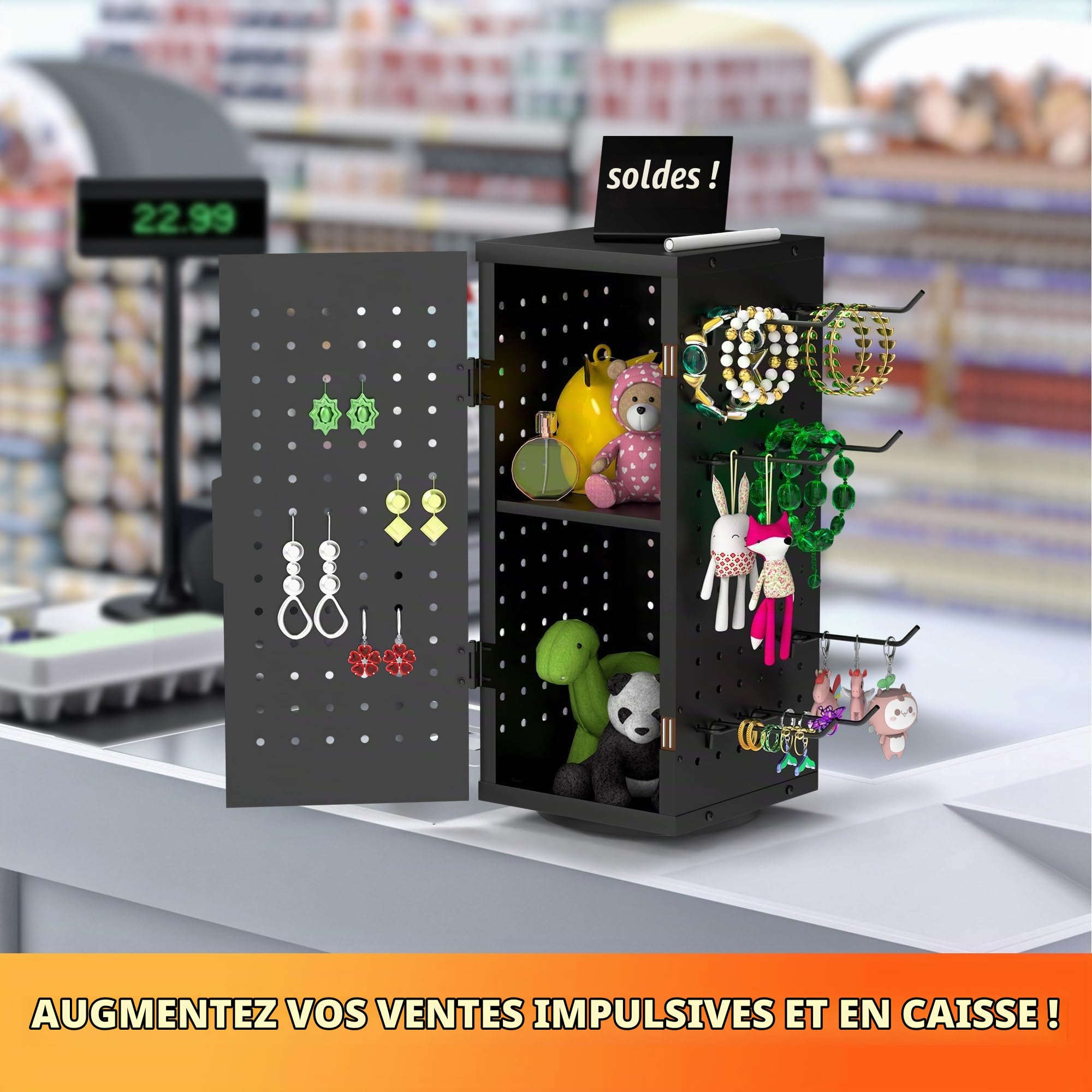 Alyoen Présentoir rotatif avec 24 crochets – Accessoires de rangement en métal avec porte magnétique, support magnétique pour porte-clés, bijoux, boucles d'oreilles (noir)