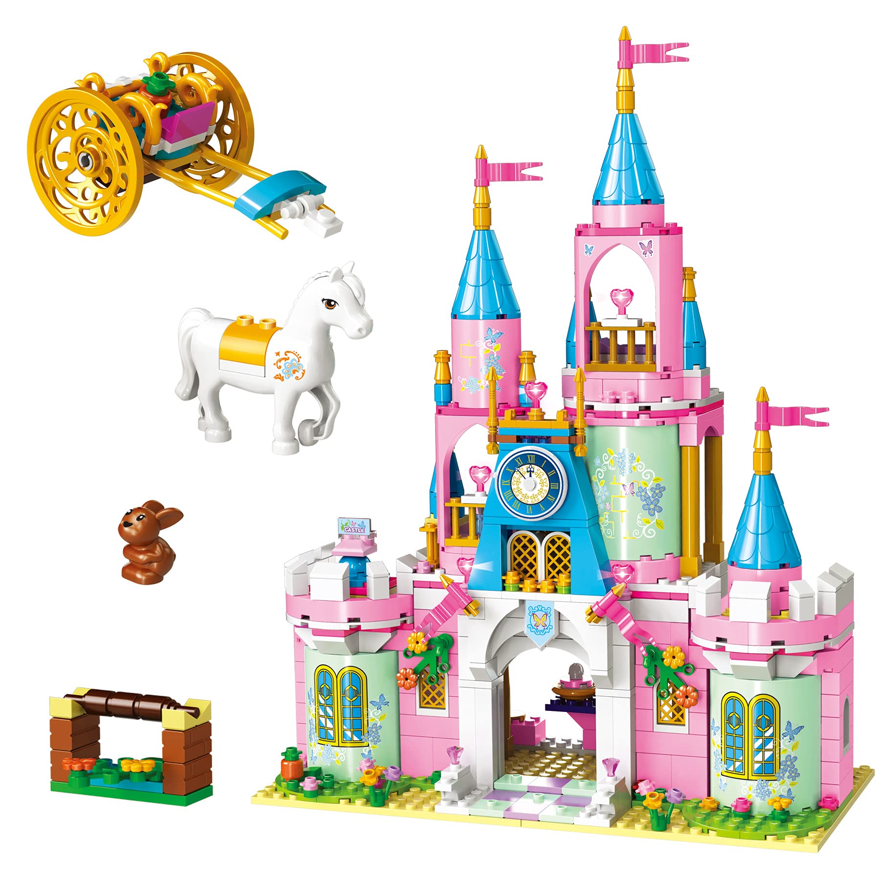 664 Pieces Friends Castle Building Kit for Girls, Pink Girls Princess Castle Palace with Carriage, Creative Learning Roleplay Building Blocks Toys Christmas Birthday Gifts for Kids Girls Aged 6-12