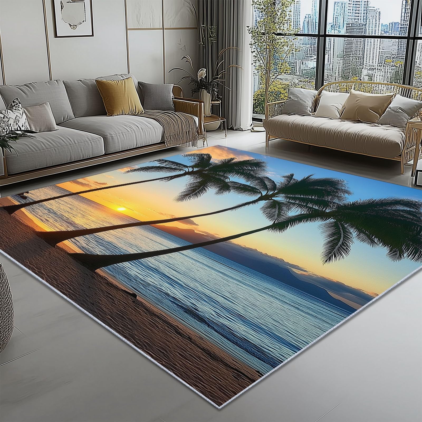 Tappeto multiuso in microfibra Blu Arancione con Fondo Gommato Antiscivolo Paesaggio tropicale tramonto Stampa, per ingresso, bagno - Lavabile in lavatrice 120 x 170 cm