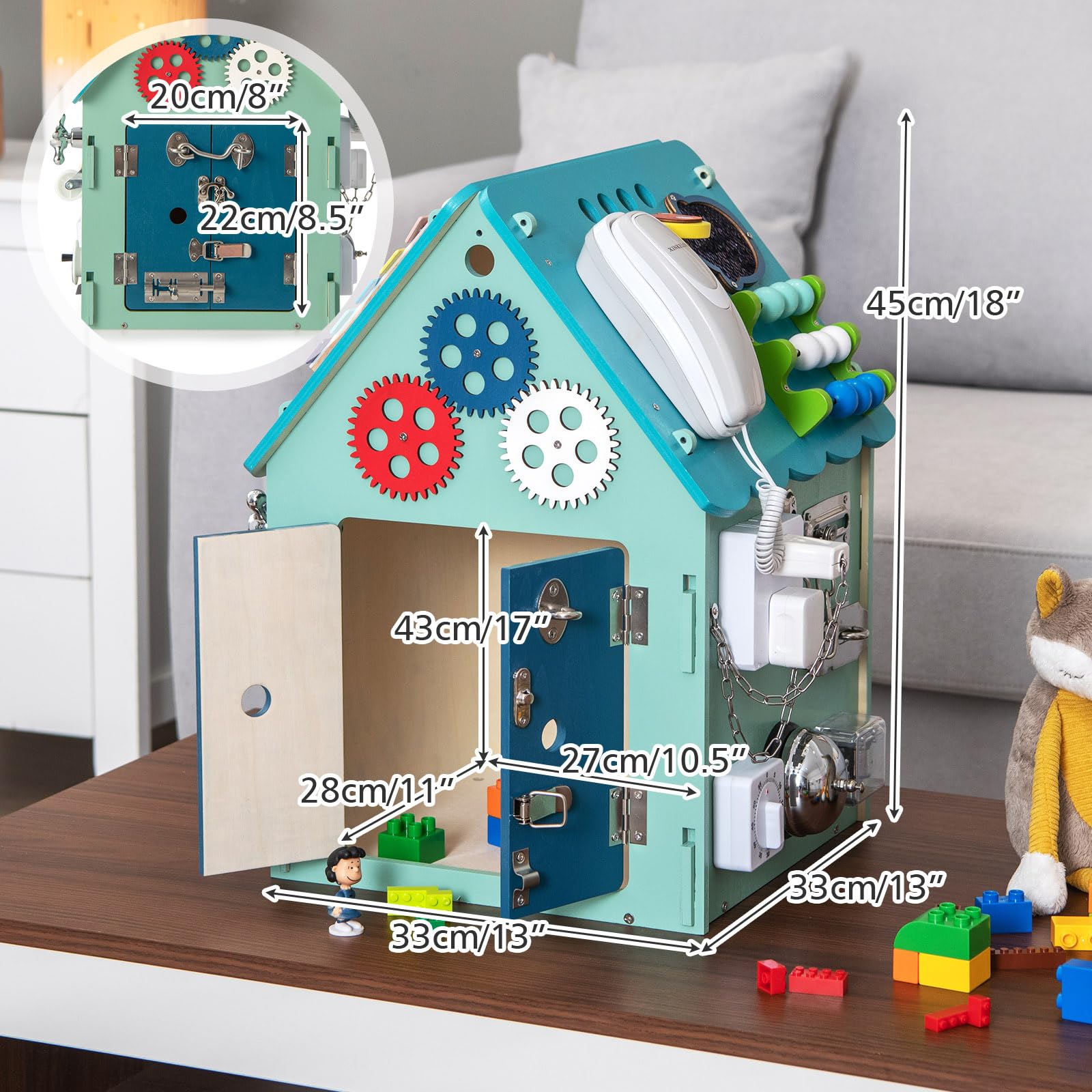 DREAMADE Großer Motorikspielzeug aus Holz, Kinderspielhaus mit 33 Komponenten & Innerem Stauraum, Lernspielzeug für den Bildungsbereich Geeignet für Kinder ab 3 Jahre, 33 x 33 x 45 cm (Blau)