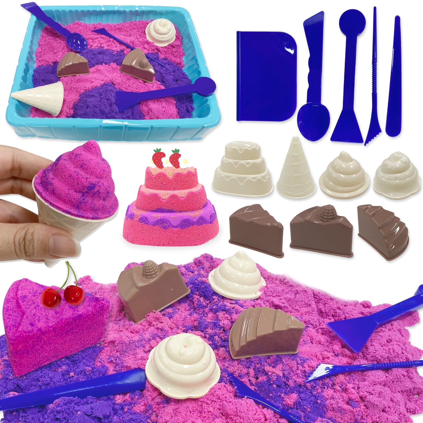 VBACALA Sable Magique pour Enfants, Coffret deSable magique avec 500g de sable, Moules à Gâteaux Glacés en Sable, Jouets SableMagique Sensoriels enSable Cadeaux de Noël pour Garçons Filles