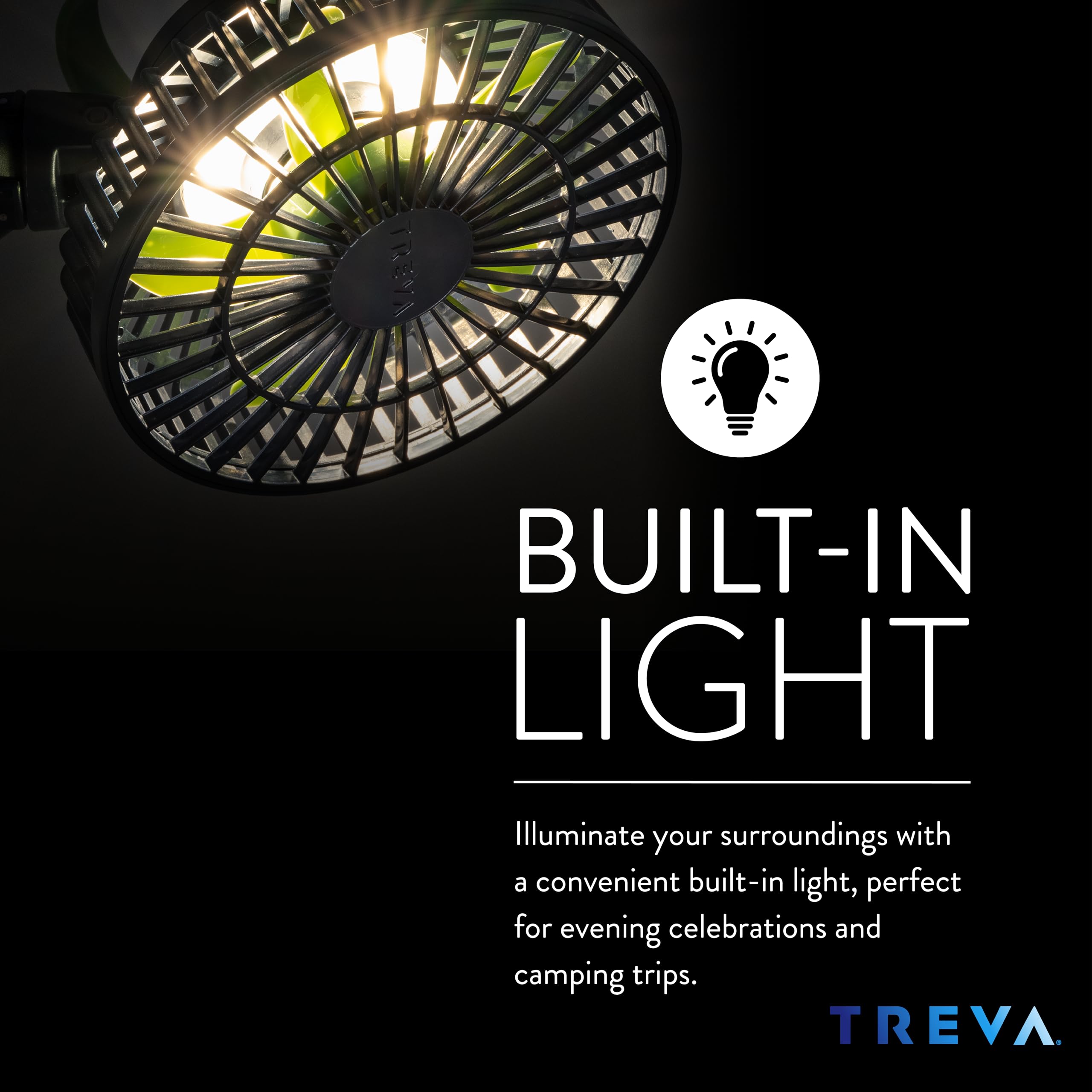Treva Ventilador de trípode de 5 pulgadas con luz integrada y soporte para teléfono acoplable, mini ventilador recargable de 3 velocidades con asa para viajes, camping, al aire libre