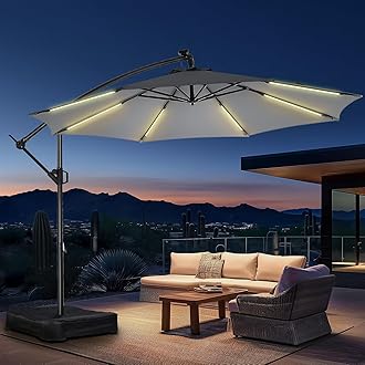 HOMSHADE 10ft Solar Lights Offset Cantilever Patio Umbrella - with Light and Base, LED Lighted Offset Hanging Patio Outdoor Market Umbrella UPF50+ UV Protection with Easy Tilt and Crank (Grey)