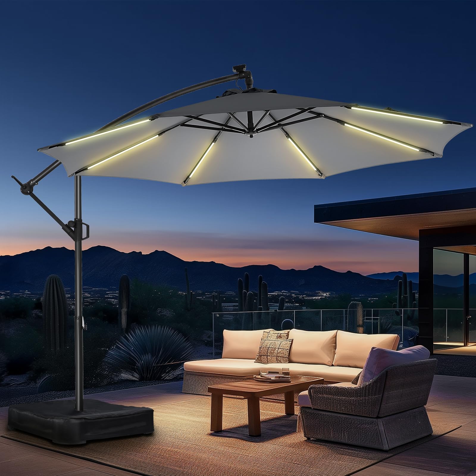 10ft Solar Lights Offset Cantilever Patio Umbrella - with Light and Base, LED Lighted Offset Hanging Patio Outdoor Market Umbrella UPF50+ UV Protection with Easy Tilt and Crank (Grey)