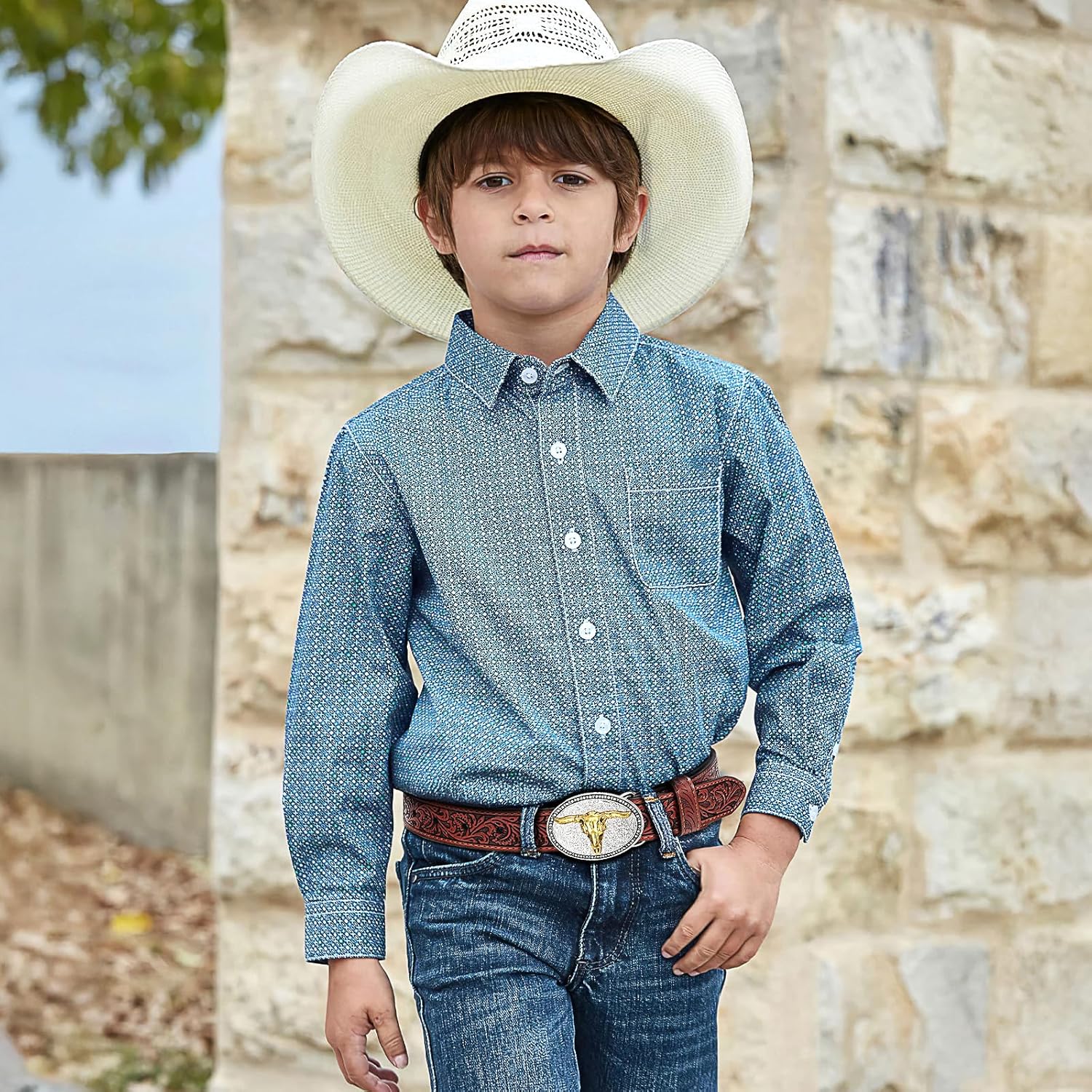 SANSTHS Kids Western Belt for Boys Girls Genuine Leather Cowboy Cowgirl Belts with Detachable Buckle for Jeans Western Gifts - Image 2