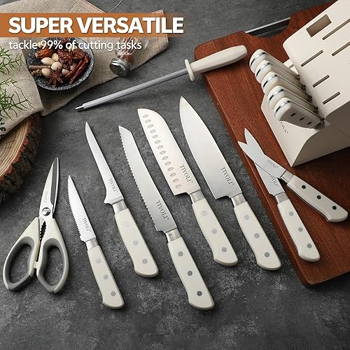 Miniatura 9 de TIVOLI Juego de cuchillos de acero inoxidable de alta calidad de 15 piezas para cocina con bloque y varilla de afilar, juegos de bloques de
