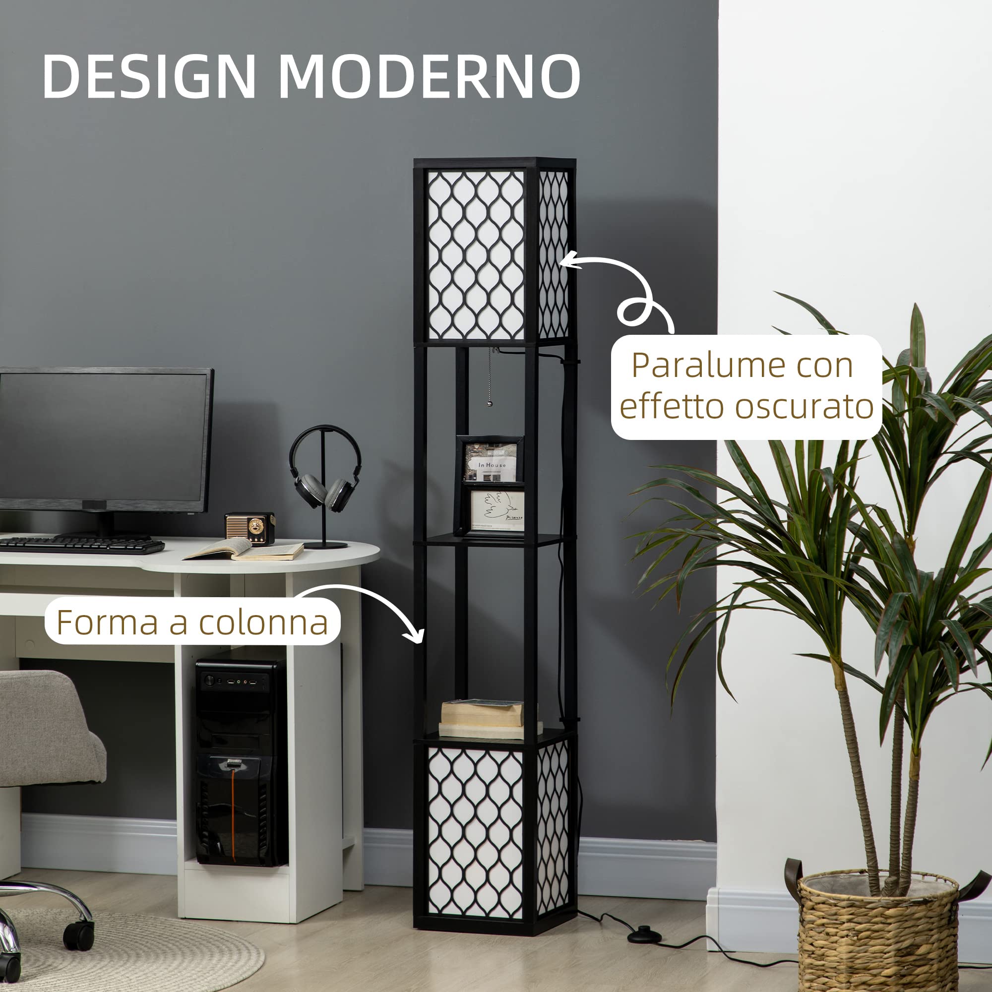 HOMCOM Lampada da Terra a Colonna in MDF e Plastica PP con 2 Ripiani, per Soggiorno, Studio e Camera da Letto, 26x26x156 cm, Bianca e Nera