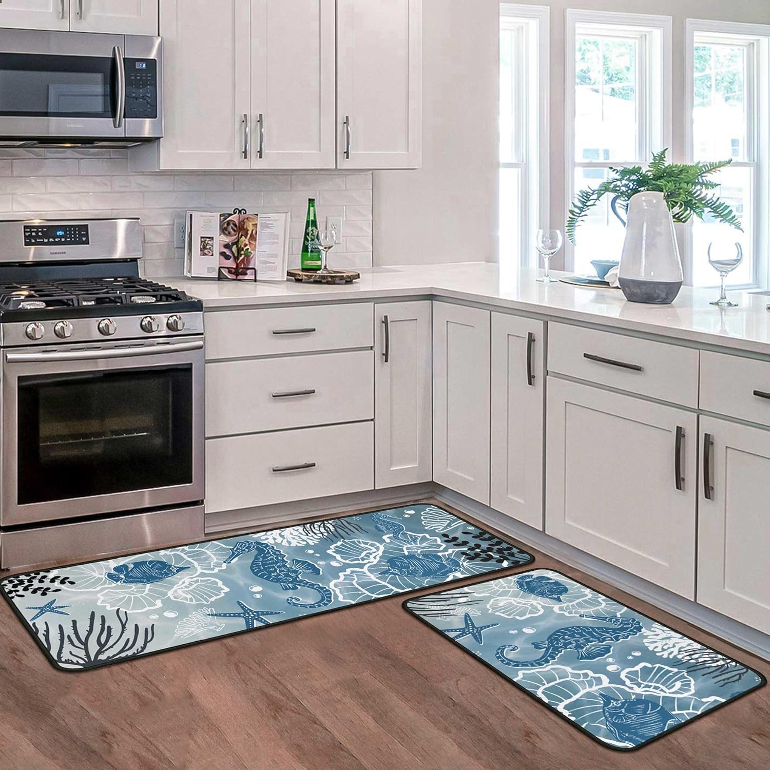 Coastal Beach Kitchen Rugs and Mats for Floor, Summer Decorations for Home, 2 Pcs Non-Slip Backing Nautical Kitchen Mat, Summer Decor Seahorse Ocean Kitchen Rug Sets with Runner 17"x47.2"+17"x30"