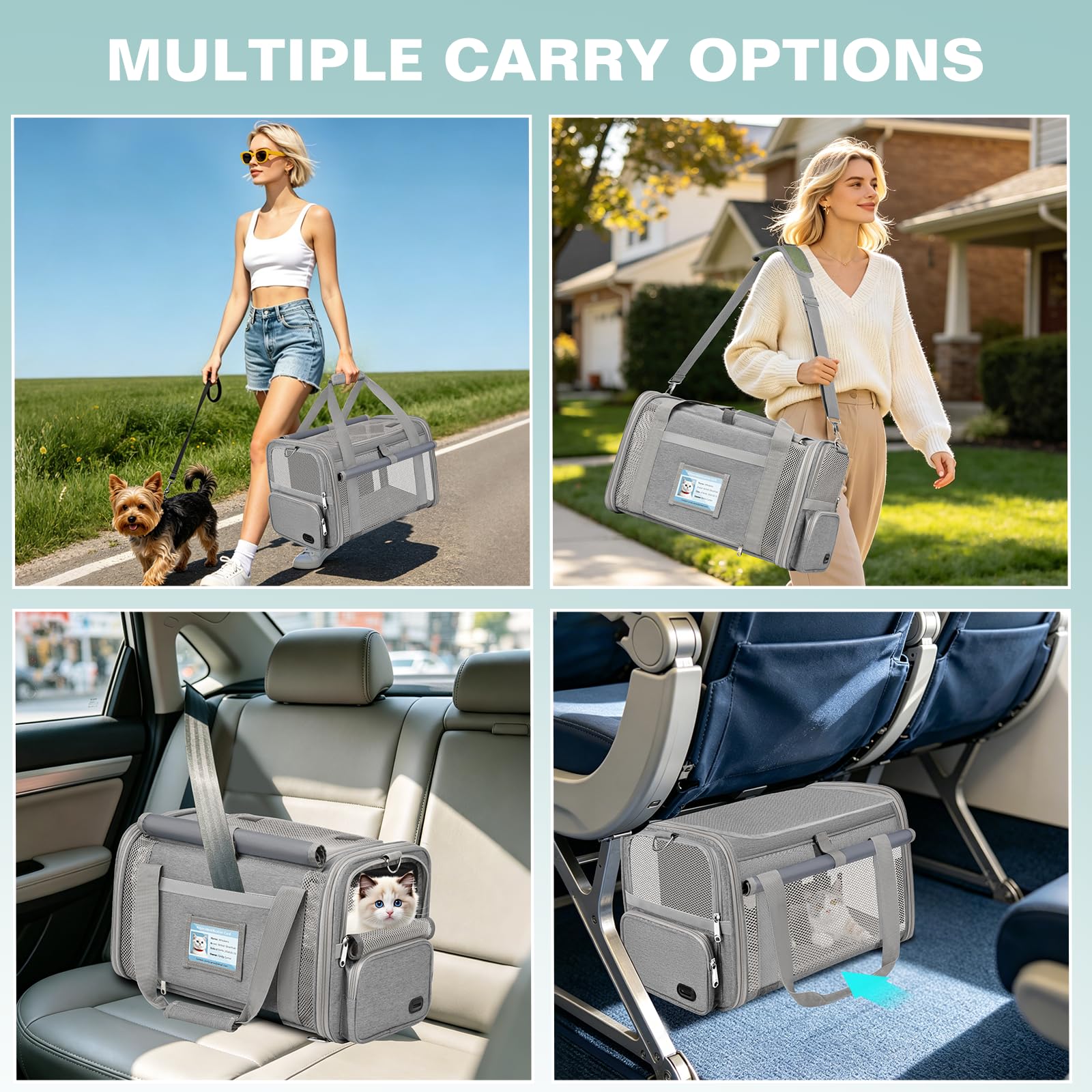 Sac Transport Chat Approuvé Aviation Sac Transport Chien Respirant et Pliable Caisse de Transport Chat avec Bandoulière Réglable Portable Cage Transport Chat avec Tapis Réversible (Gris)