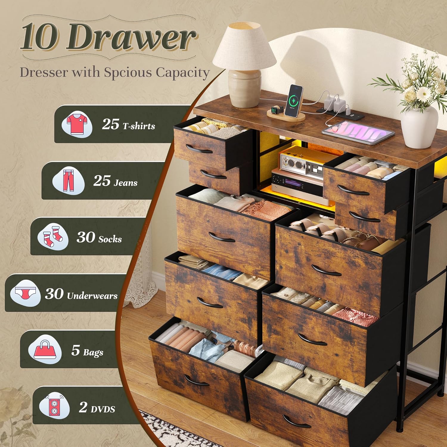 10 Drawers Dresser for Bedroom with Charging Station & LED Lights, Bedroom Dresser with 2 Open Wooden Shelves, Sturdy Deep Fabric Chest of Drawers Organizer Unit for Hallway, Dorm, Rustic Brown
