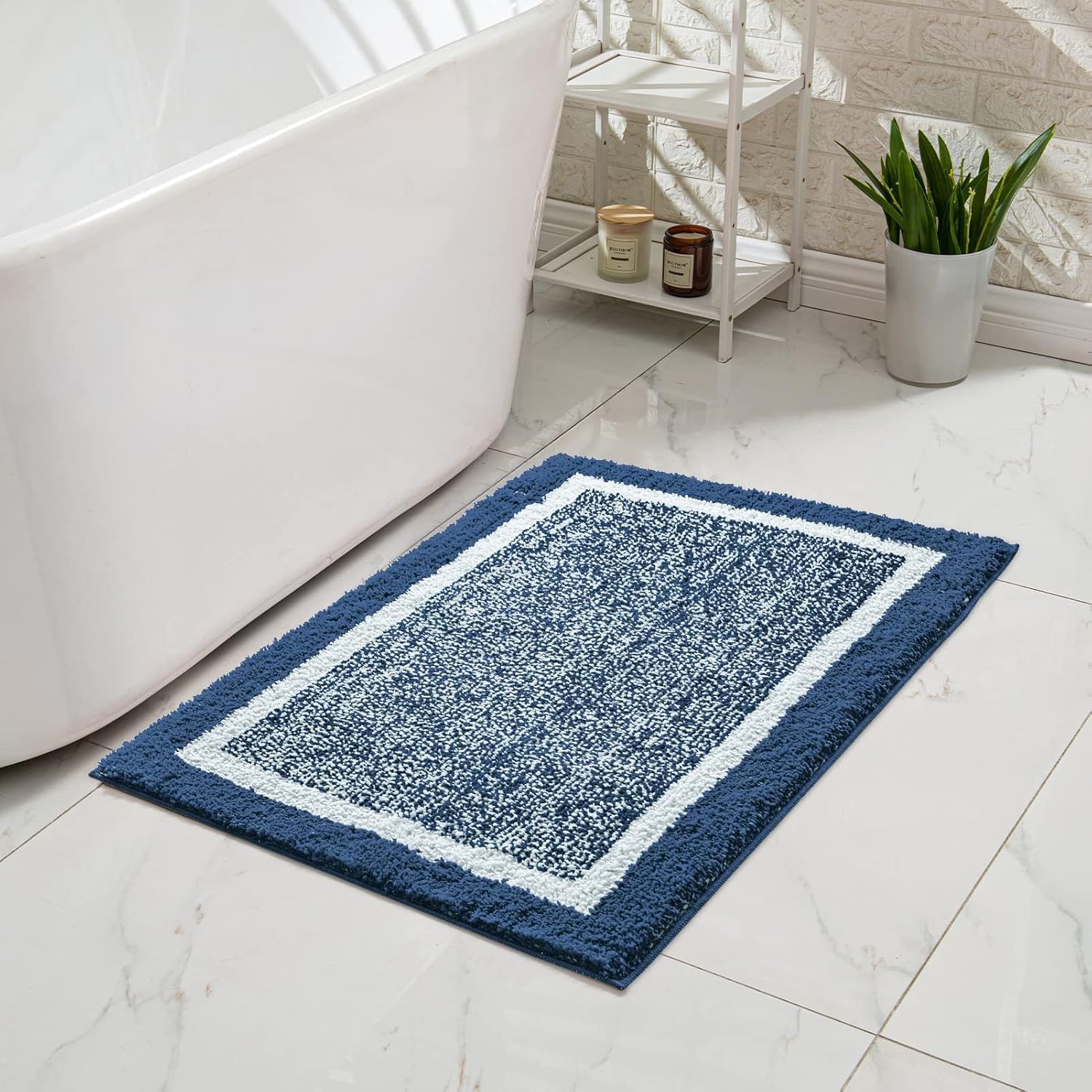 CozeCube Bath mats for Bathroom Non Slip, Fluffy Absorbent Microfiber (Polyester) Bath mat Washable, Aesthetic Bathroom Rugs, Small Navy Blue Bath mat, Navy Blue, 24" x 16"