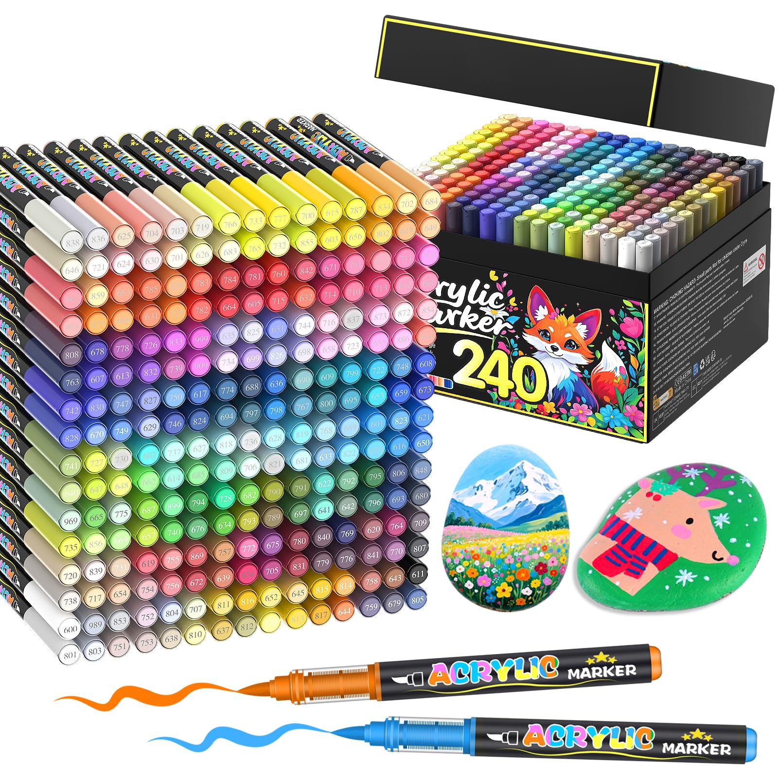 Lyuvie 240 Farben Acrylstifte für Steine WasserfestSet, Permanente Acrylic Paint Brush Marker Acrylstifte für Holz, Stein, Papier,Glas,Stoff, Kieselsteine, Kunststoff, Bastelbedarf