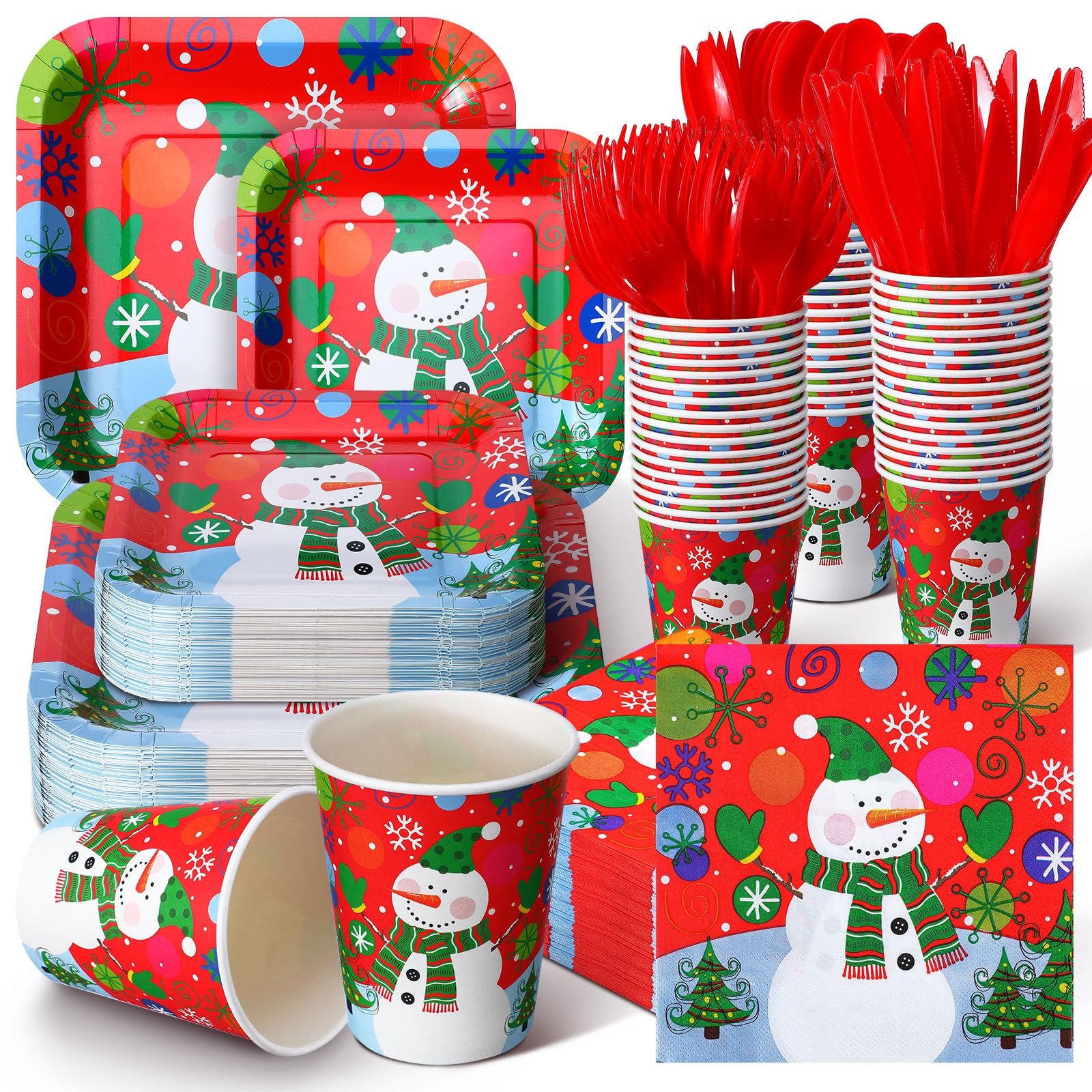 350 Pcs Paper Plates and Napkins Set Disposable Paper Plates Party Supplies Tableware Set Dinnerware Serve 50 Guest Plates and Napkins Cups Knife Forks Spoon(Red,Snowman)