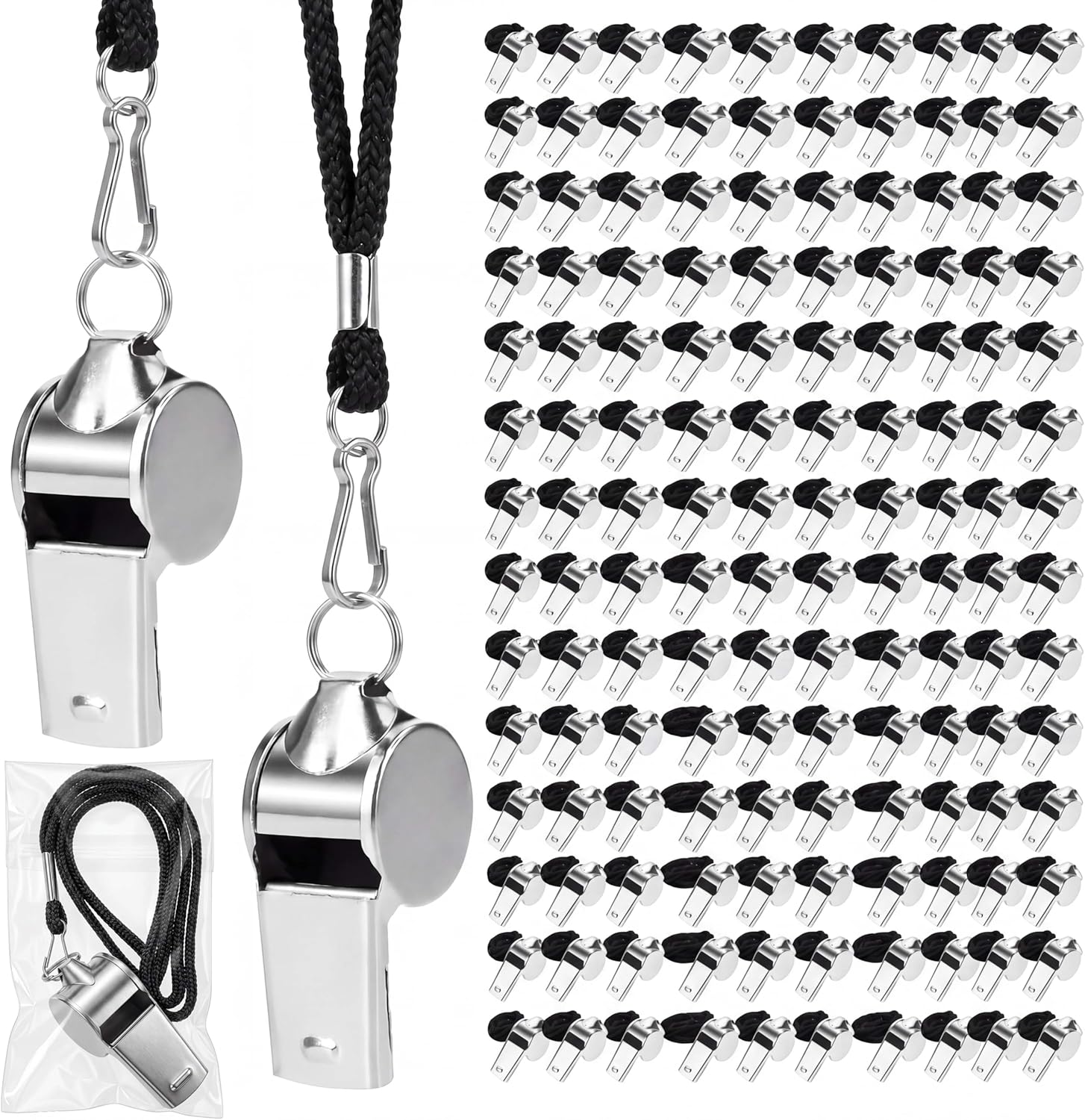 Kingdder Stainless Steel Referee Whistles Bulk with Lanyard & Clip, Individually Wrapped Pre-Assembled, Loud Metal Coach Whistle for Teachers, Sports, Police, Emergency