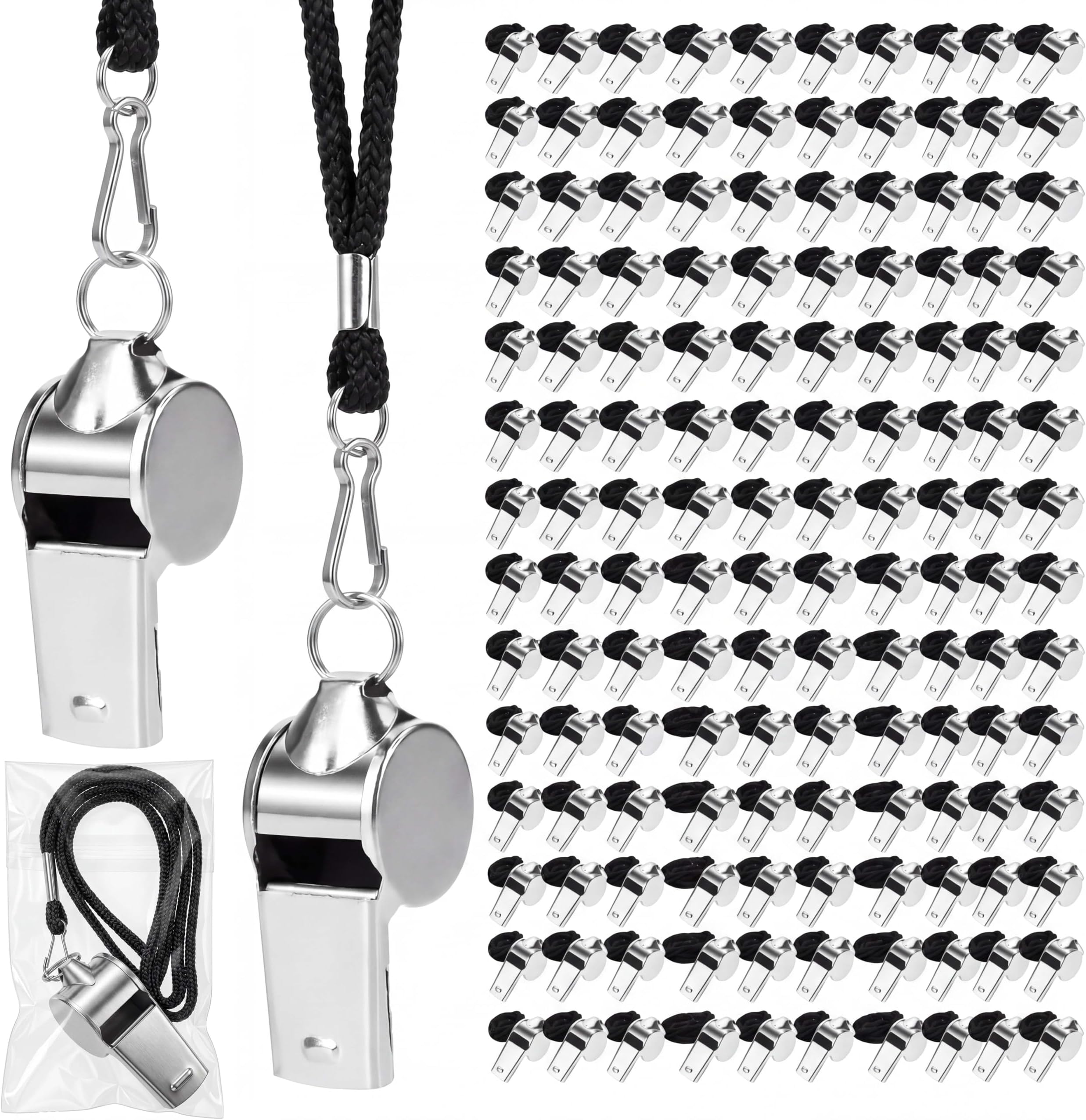 Kingdder Stainless Steel Sport Whistles Bulk with Lanyard & Clip, Individually Wrapped Pre-Assembled, Loud Metal Coach Referee Whistle for Teachers, Soccer, Police, Emergency