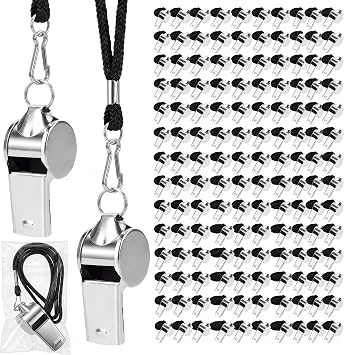 Kingdder Stainless Steel Sport Whistles Bulk with Lanyard & Clip, Individually Wrapped Pre-Assembled, Loud Metal Coach Referee Whistle for Teachers, Soccer, Police, Emergency