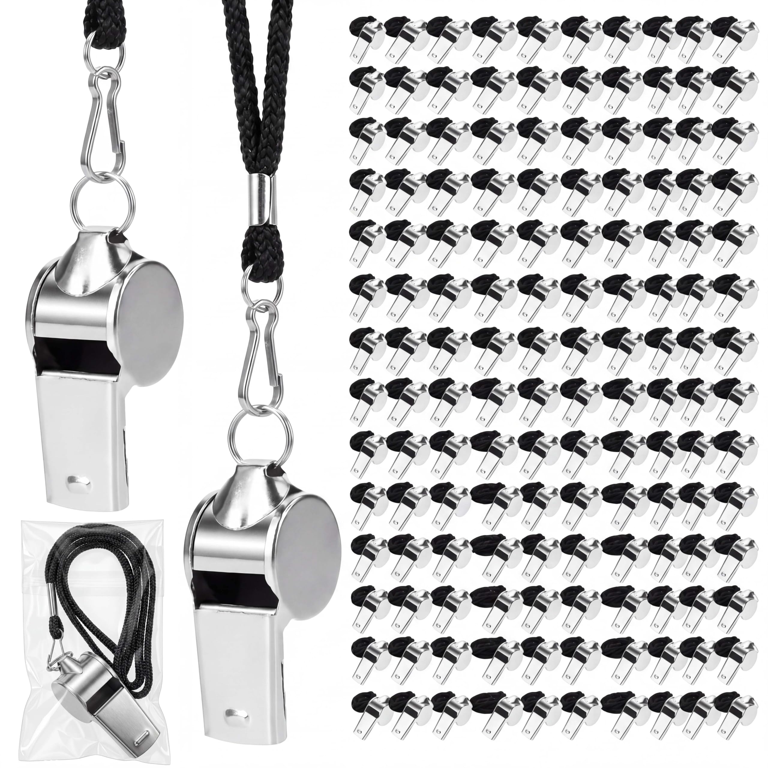 Kingdder 100 silbatos de árbitro de metal a granel para entrenadores para adultos con cordón de acero inoxidable, silbato deportivo de emergencia para profesores, policías, deportes escolares (negro)