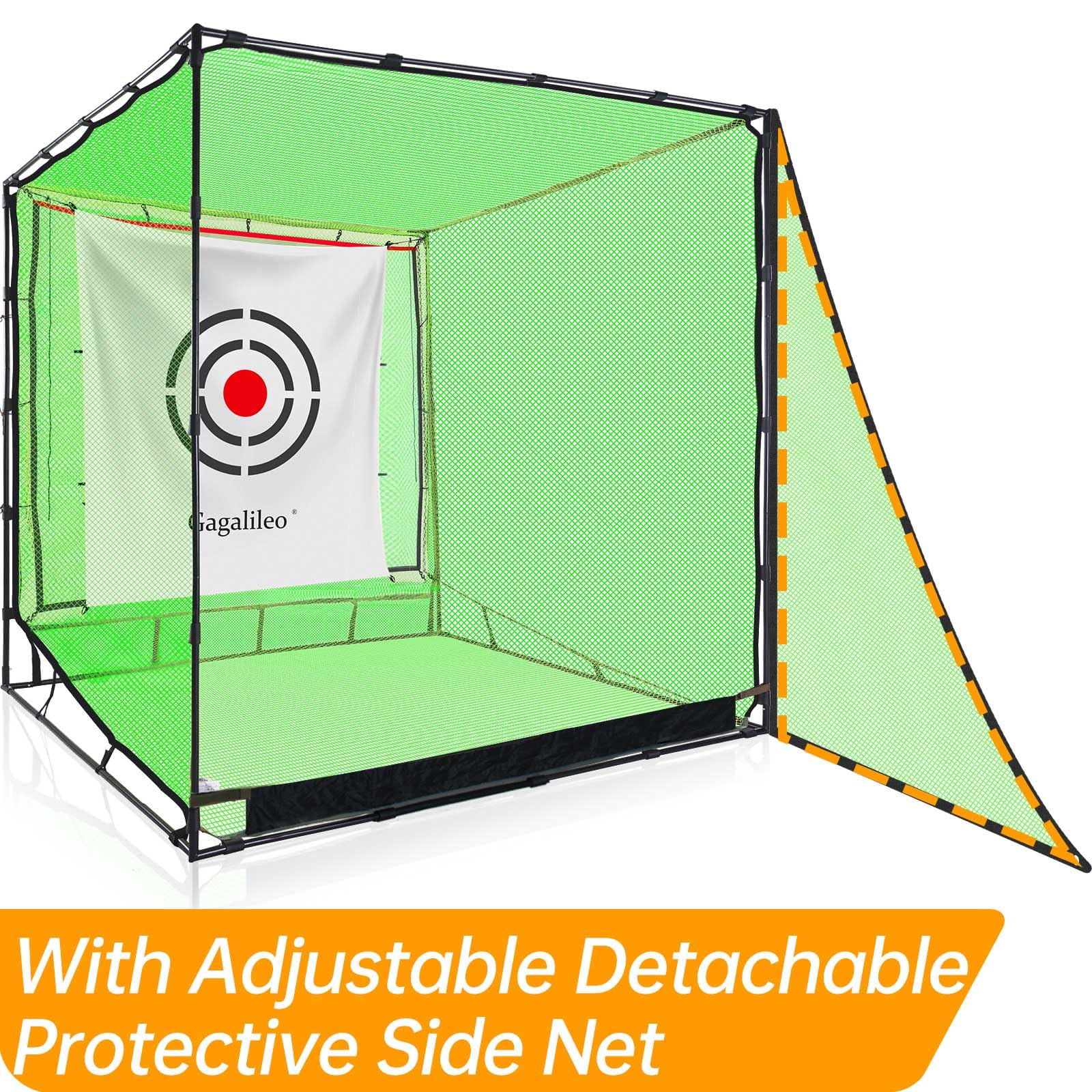 Galileo - Red de golf para entrenamiento de conducción, doble tope trasero con objetivos de ayuda al entrenamiento, red de retorno automático de bolas para jardín, 2,1 x 2,1 x 2,1 x 2,1 m, interior