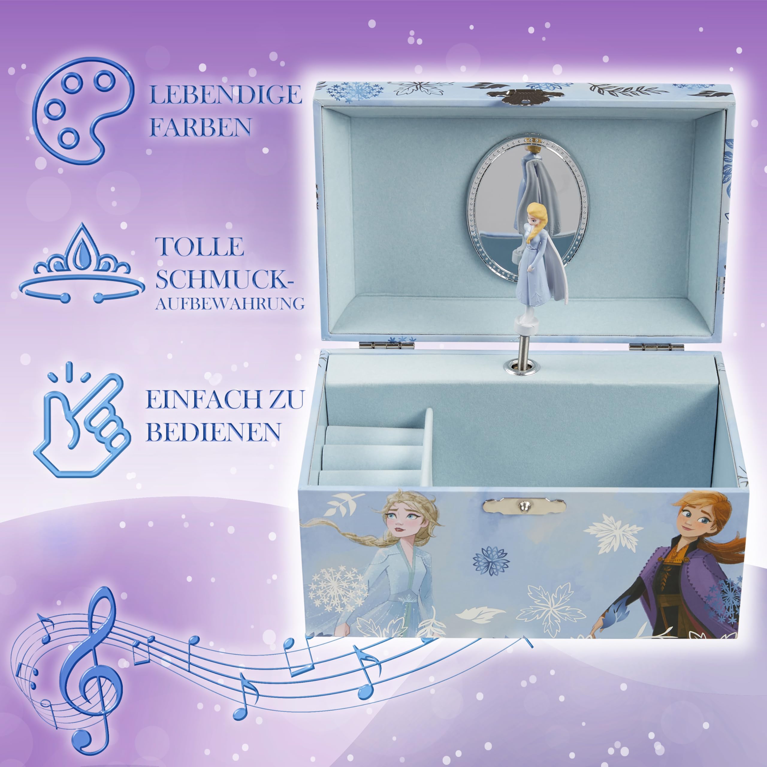 Disney Stitch Schmuckkästchen Mädchen, Musikbox für Ringe Ohrringe Halskette mit Mini Spiegel, Geschenke für Kinder und Teens (Blau Frozen)