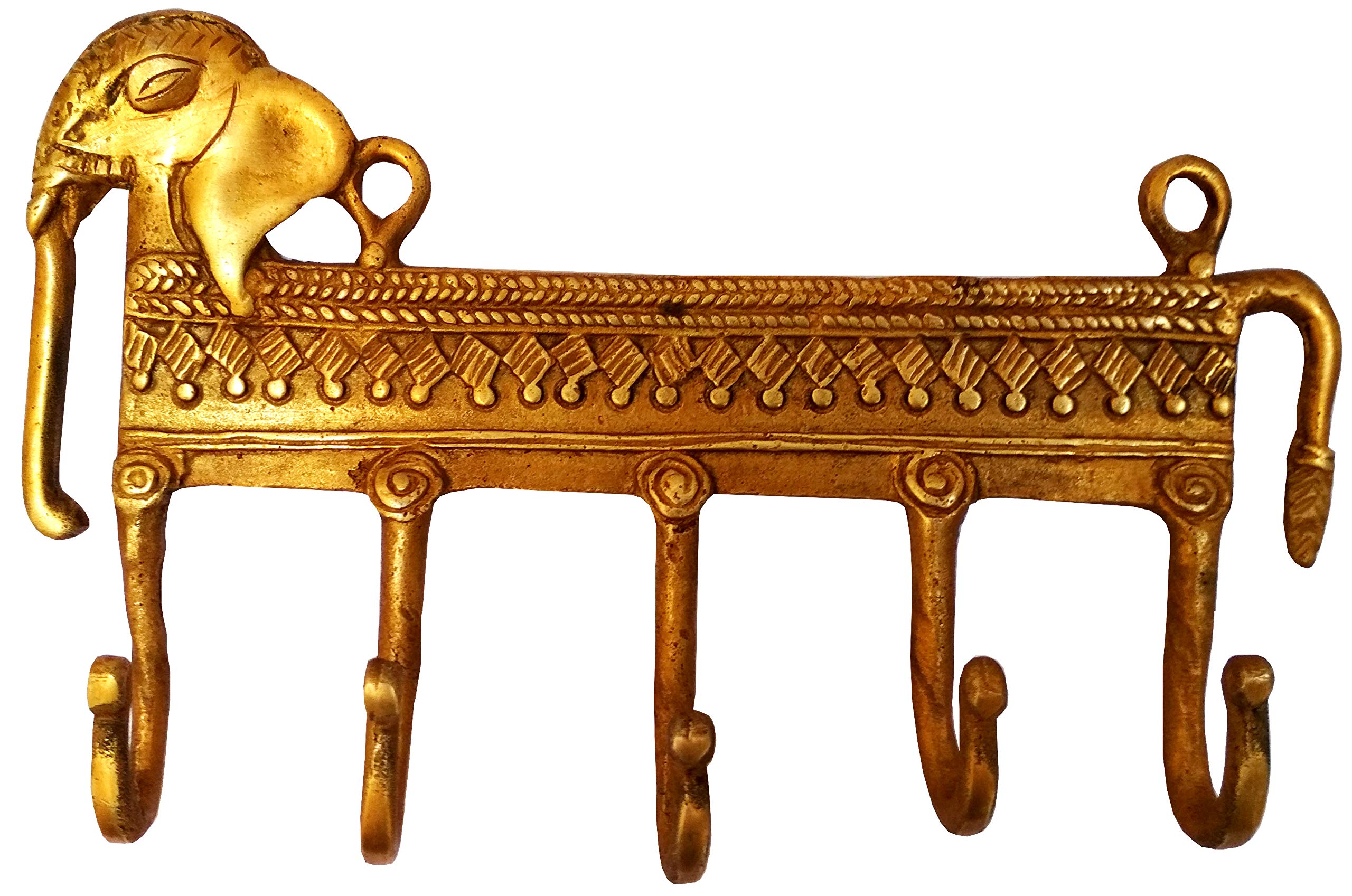 Purpledip Brass Wall Hook 'Regal Elephants': Vintage Design Coat Clothes Hanger (11735)
