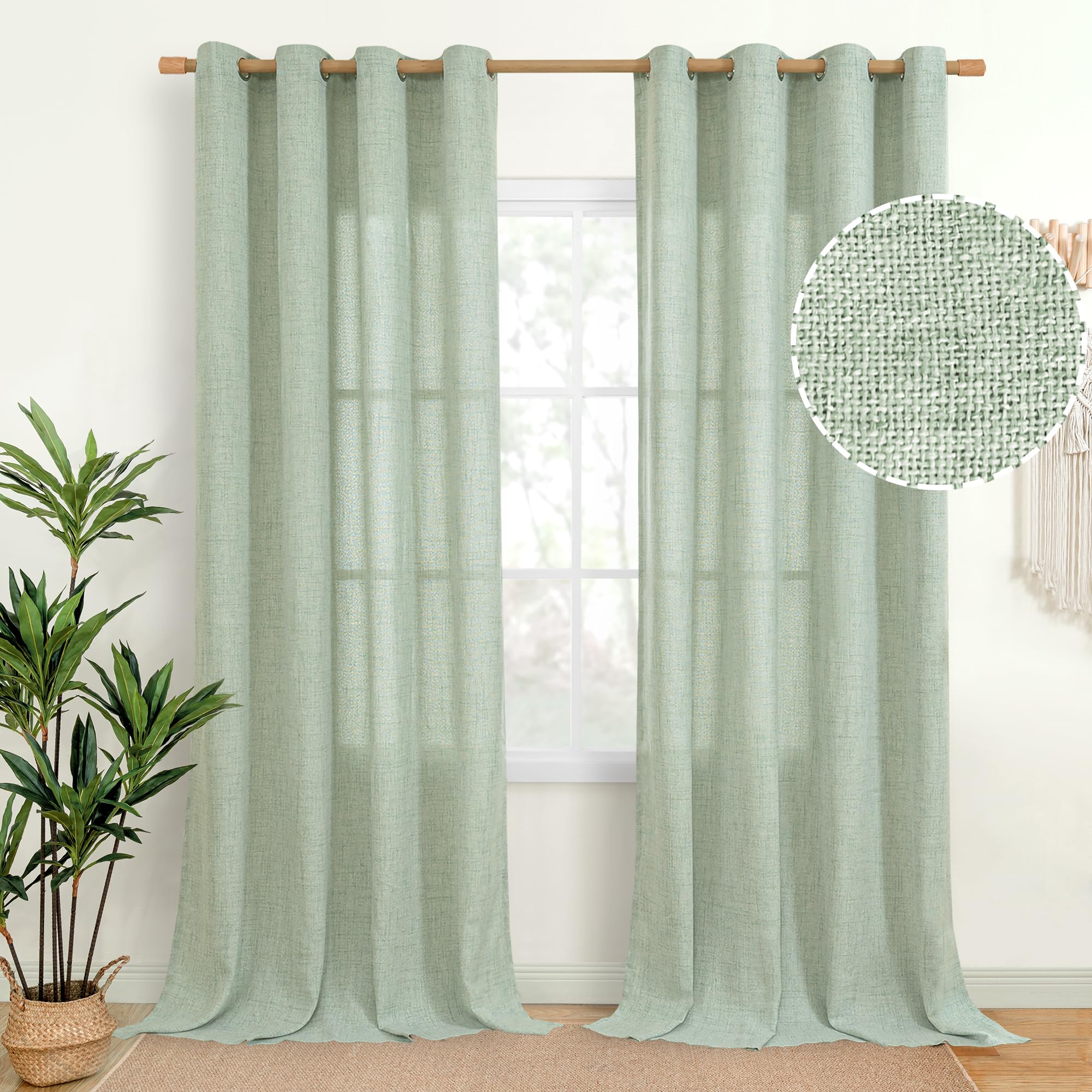YoungsTex Natural Linen Curtains 90 Inch Long for Living Room Bedroom Grommet Top Light Filtering Privacy Linen Textured Window Semi Sheer Drapes, 2 Panels, 52x90 Inch, Sage Green
