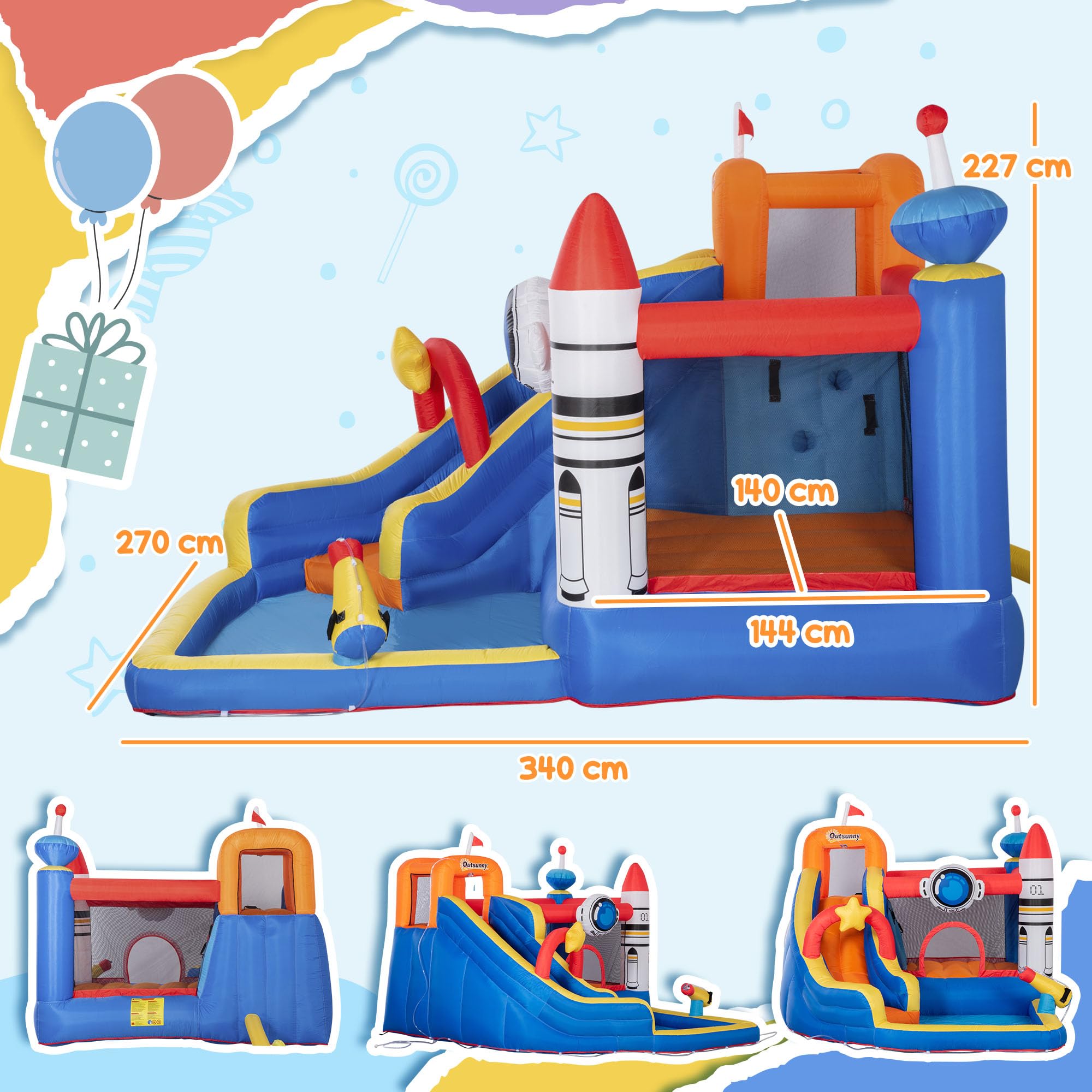 Outsunny Castello Gonfiabile per Bambini 3-8 Anni a tema Spazio con Borsa da Trasporto, 11 Paletti e Toppe Inclusi, in Tessuto Oxford, 340x270x227 cm