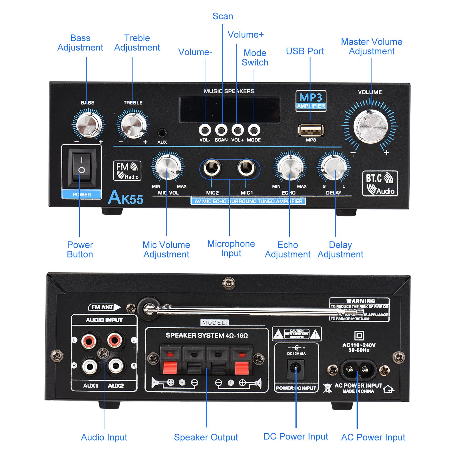 K07001　デジタルパワーアンプ オーディオアンプ カラオケ AC INPUT Nobsound M7 HIFI Bluetooth 5.0 デジタル パワーアンプ MIC S