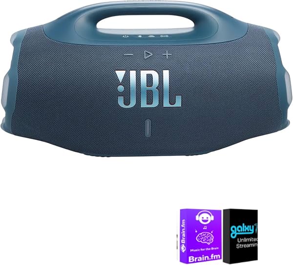 JBL Boombox 4 Bocina portátil Bluetooth azul con accesorios AudioTrends, bocina inalámbrica resistente al agua, sonido profesional potente, batería de larga duración para entretenimiento en interiores y exteriores