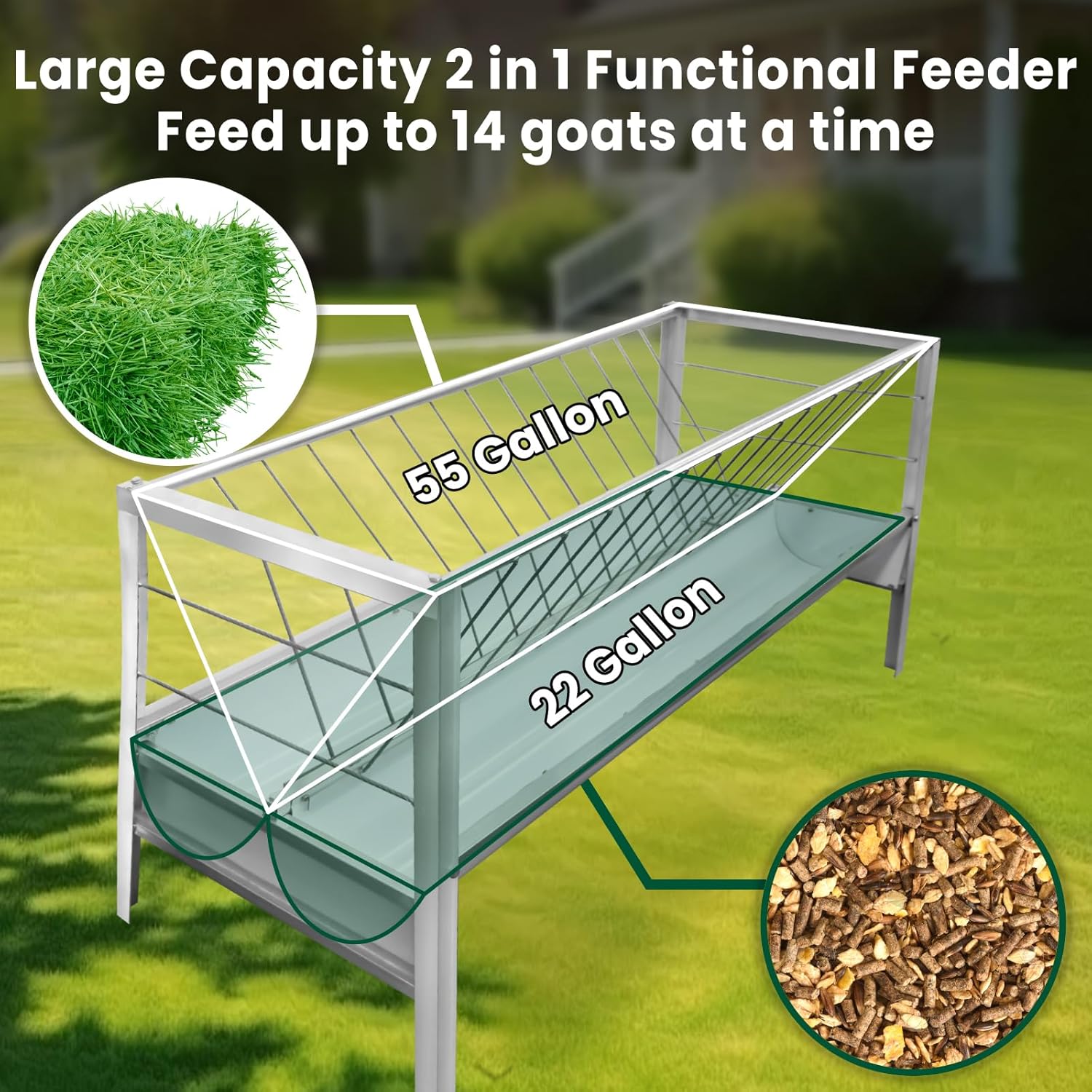 200 Gallon Capacity Hay Feeder, Pasture Hay Feeder with Galvanized Stainless Steel, 2-in-1 Grain & Hay Feeder for Farms, Easy Assembly, Detachable Grain Tray, Slivery