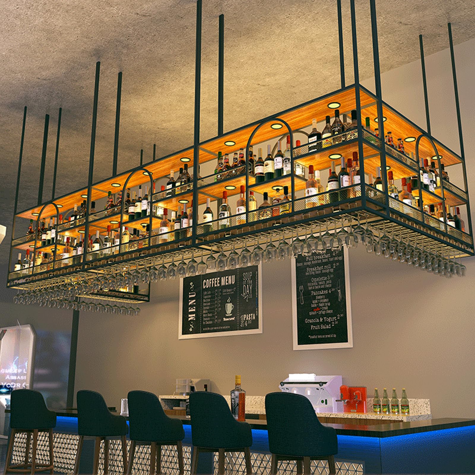 Portabottiglie da Soffitto con Altezza Regolabile, Scaffale Vino Sospeso in Metallo con Portacalici Integrato, Portabottiglie Industriale Salvaspazio per Cucina, Soggiorno, Home Bar (BLACK, 100cm)