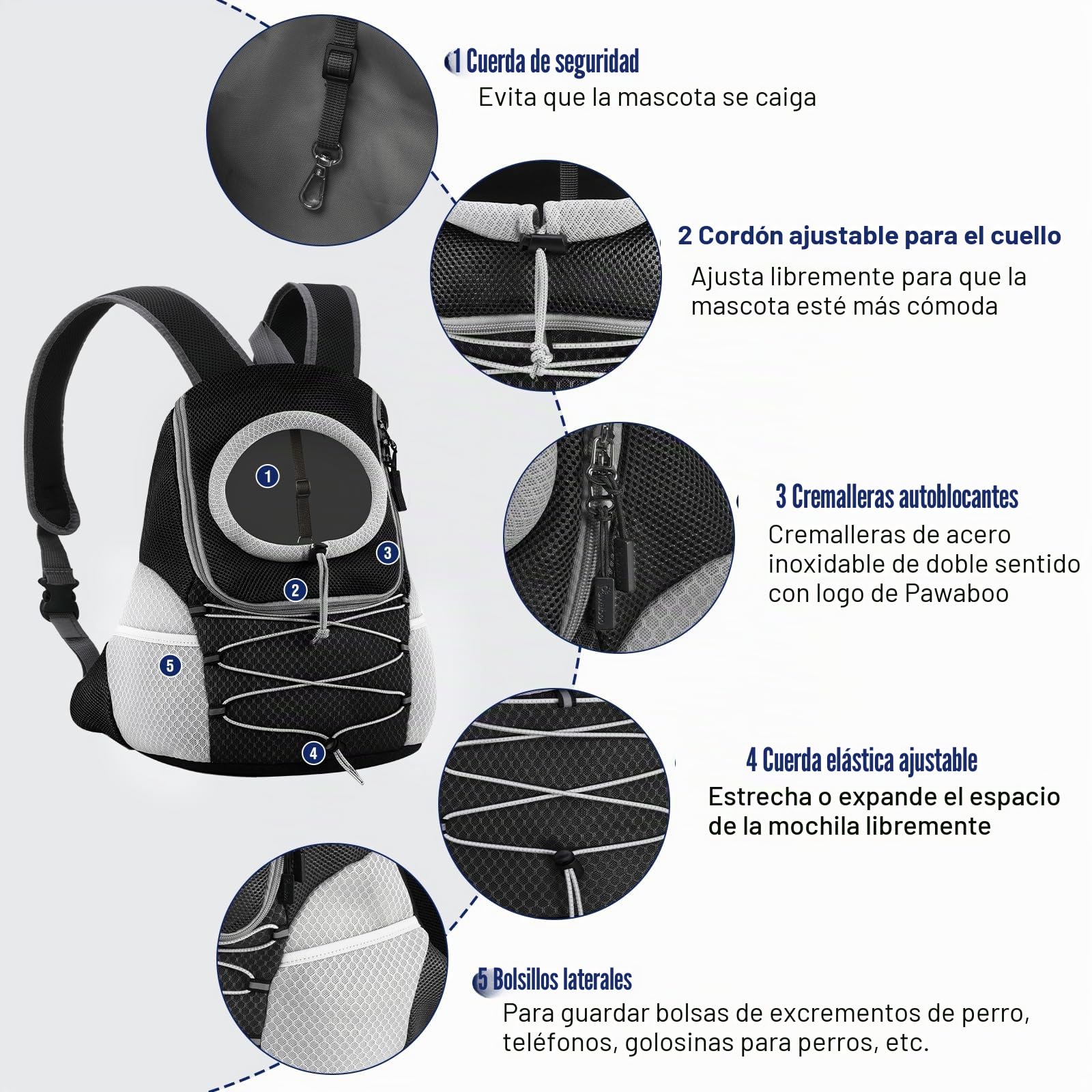 Pawaboo Mochila del Perros, Bolsa de Viaje para Mascotas con Abertura con Cordón Retráctil, Mochila Portadora de Mascotas Transpirable para Gatos Perros Pequeños Medianos, M, Negro