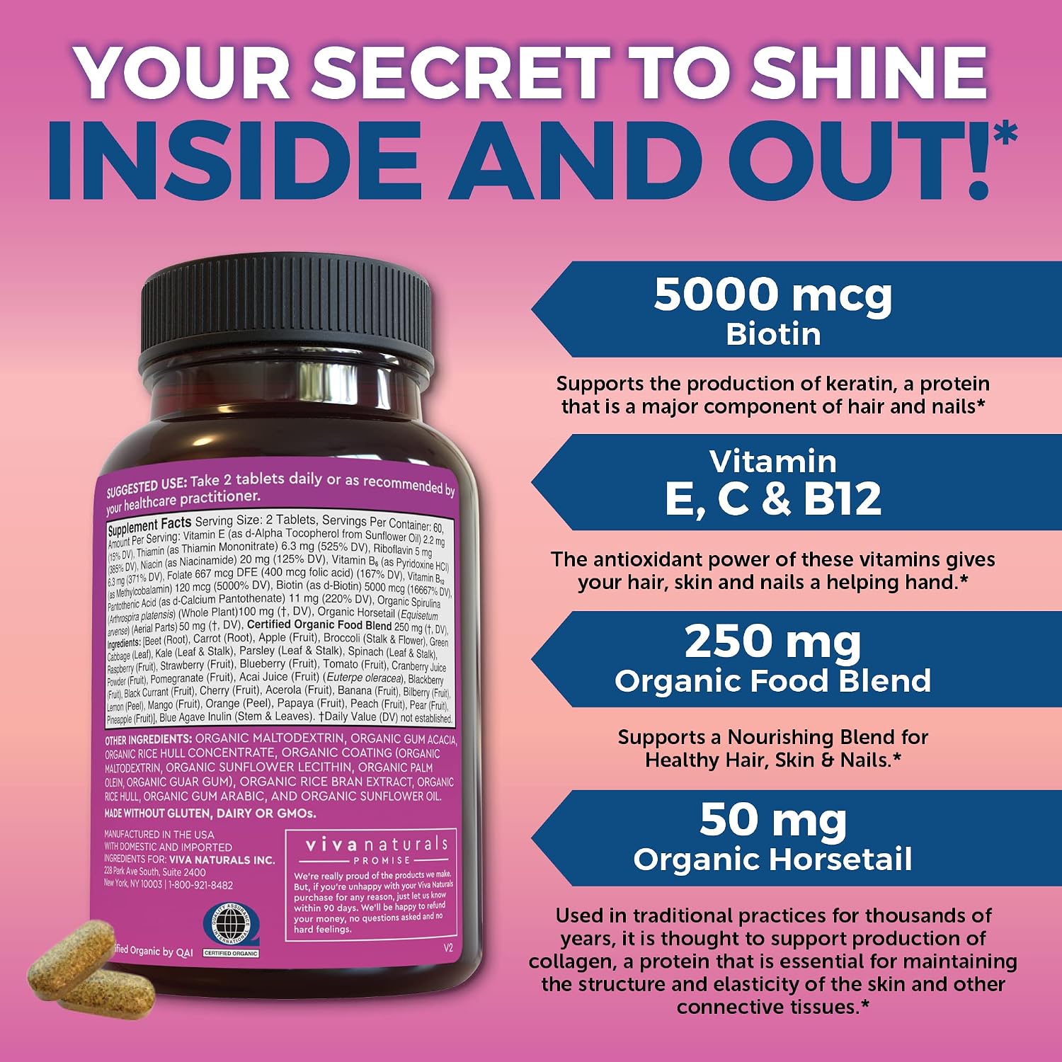 Organic Hair Skin Nails Vitamins for Women - Biotin 5000mcg to Support Normal Hair Growth, Nail Growth and Glowing Skin - 120 Biotin Supplement