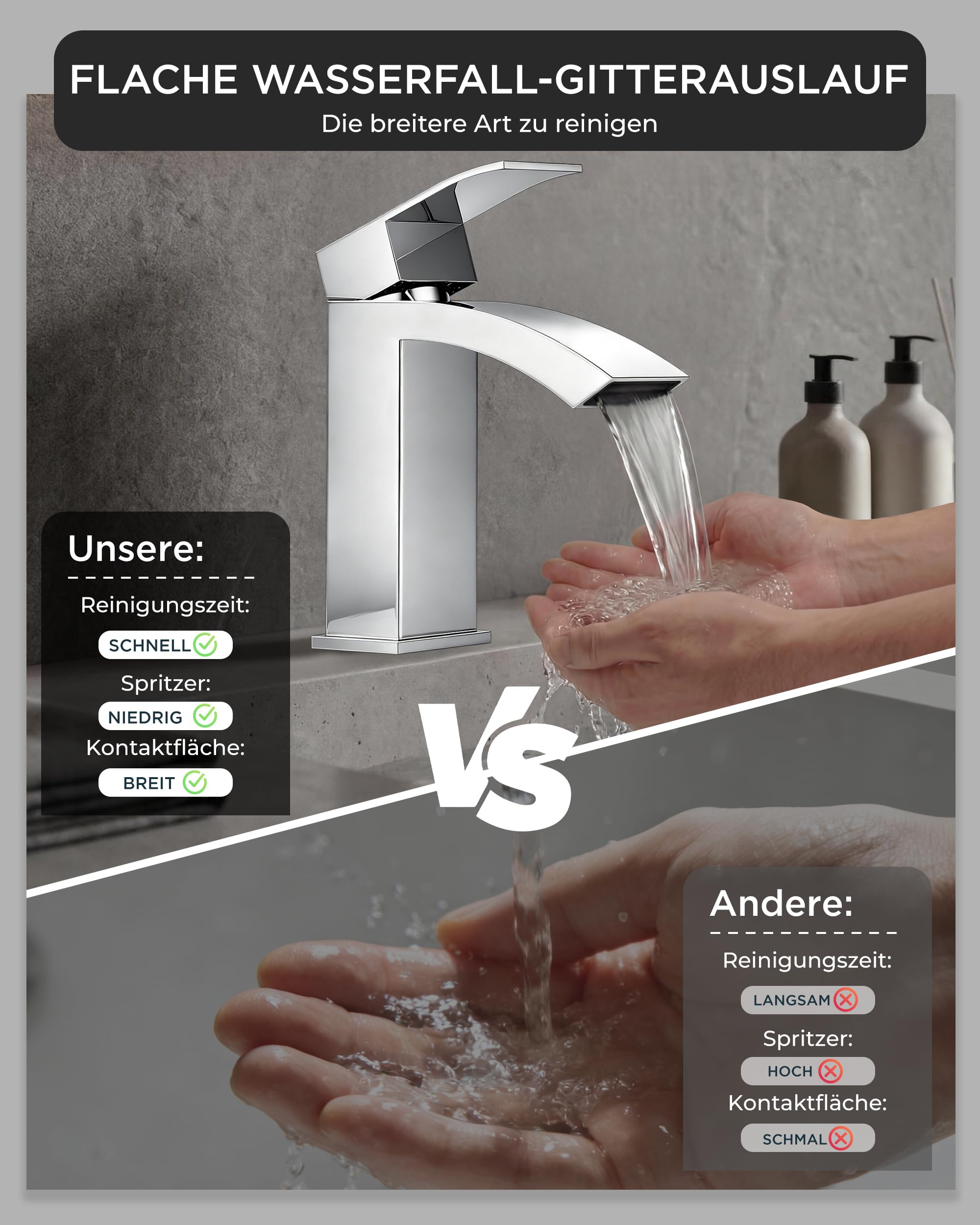 FORIOUS Wasserhahn Bad mit Ablaufgarnitur, Wasserfall Waschtischarmatur mit Auslauf Höhe 100 mm, Mischbatterie Armatur Badezimmer, Gitterauslauf, Energiesparend & Wassersparend, Chrom