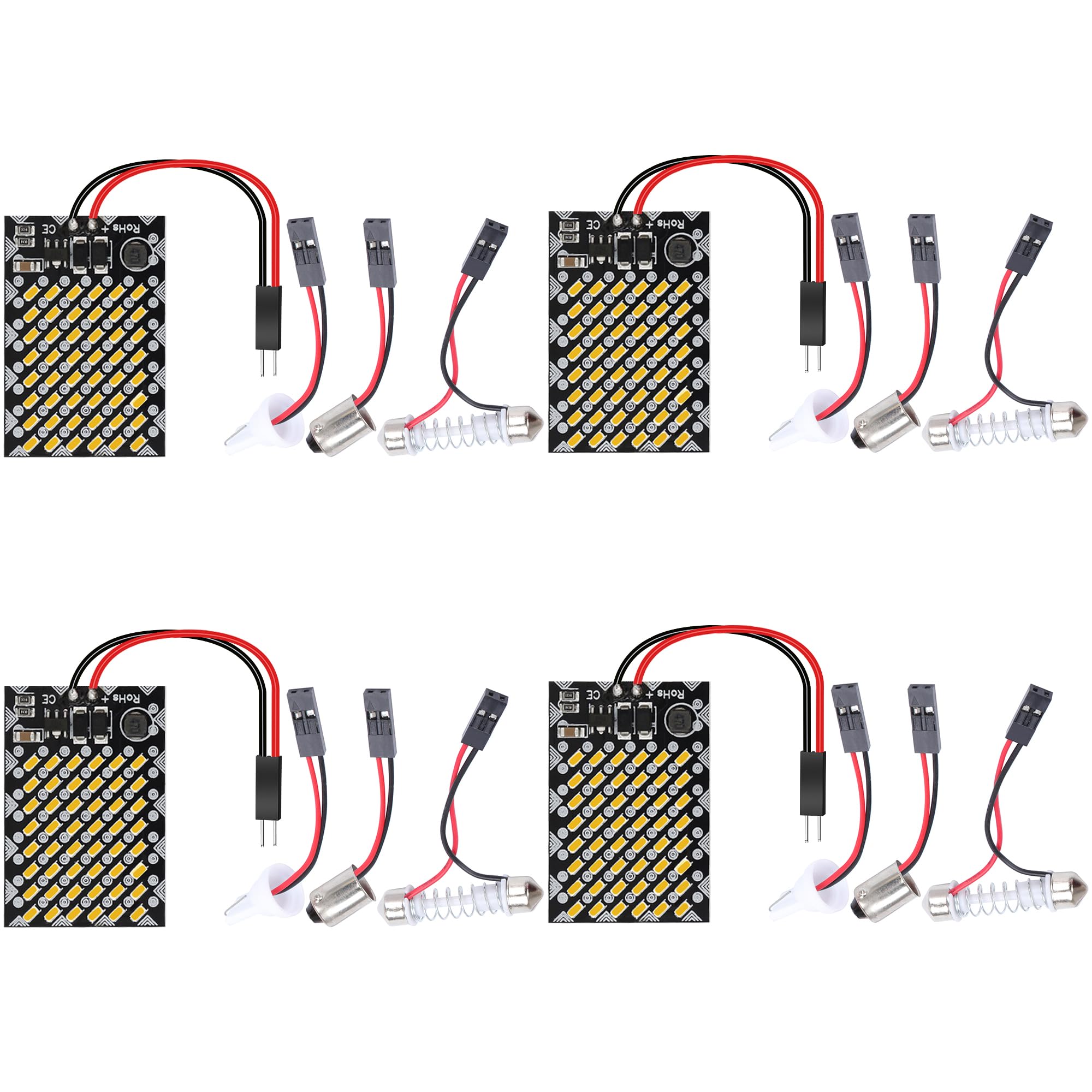 4-Pack LED Dome Light 3014 48-SMD Auto Car Interior LED Panel Light, Reading Plate Light, Roof Ceiling, Map Lamp with BA9S T10 Festoon Adapters Warm White (DC 12-24V)