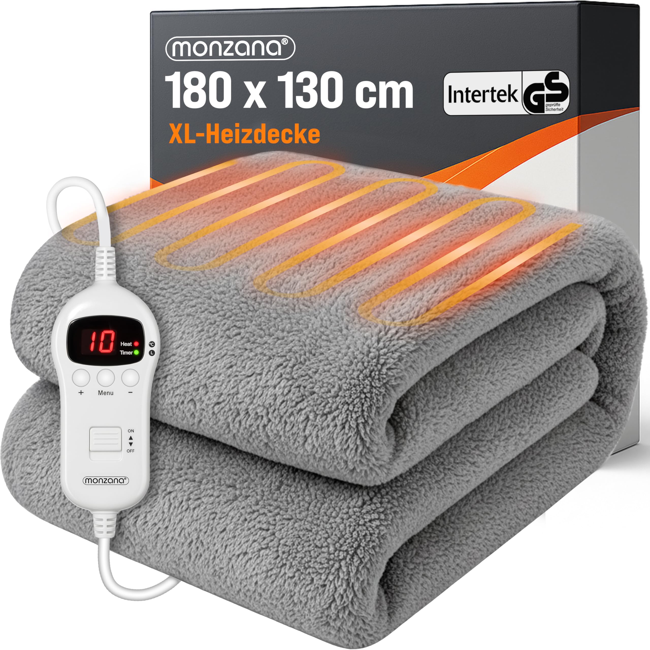 Monzana® Elektrische Heizdecke 180x130cm 120W 10 Heizstufen 10h Timer Abschaltautomatik Überhitzungsschutz waschbar Teddy Fleece Wärmedecke für Bett