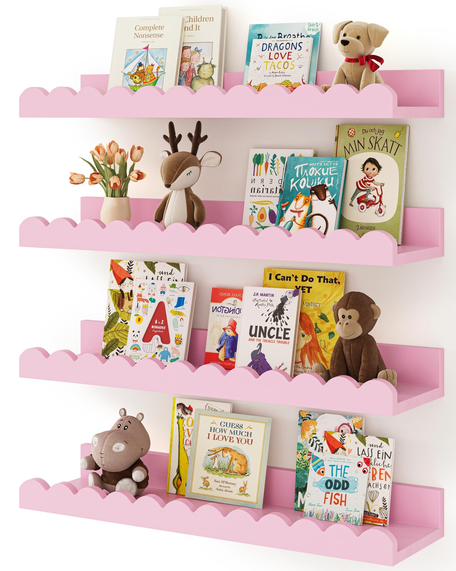 Shario (シャリオ) 保育園 ブックシェルフ 4個パック ホワイト フローティングシェルフ 壁用 子供用 スカラップシェルフ 寝室/子供部屋 幼児部屋 ベビールーム/保育園の装飾用 (ピンク 16.5インチ)